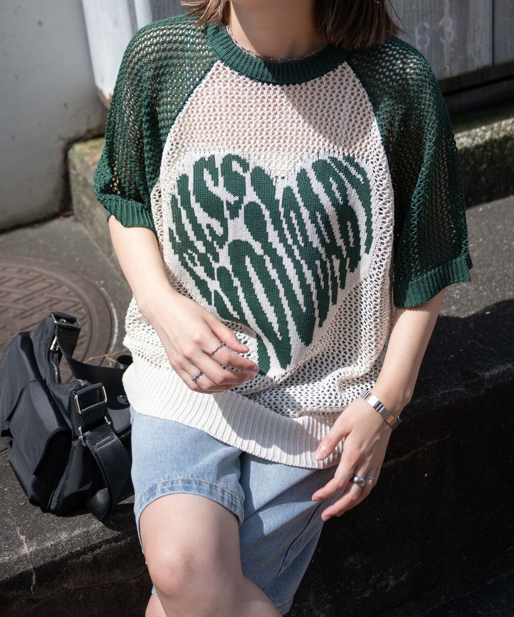 WEGO ハートロゴビッグメッシュニットT 