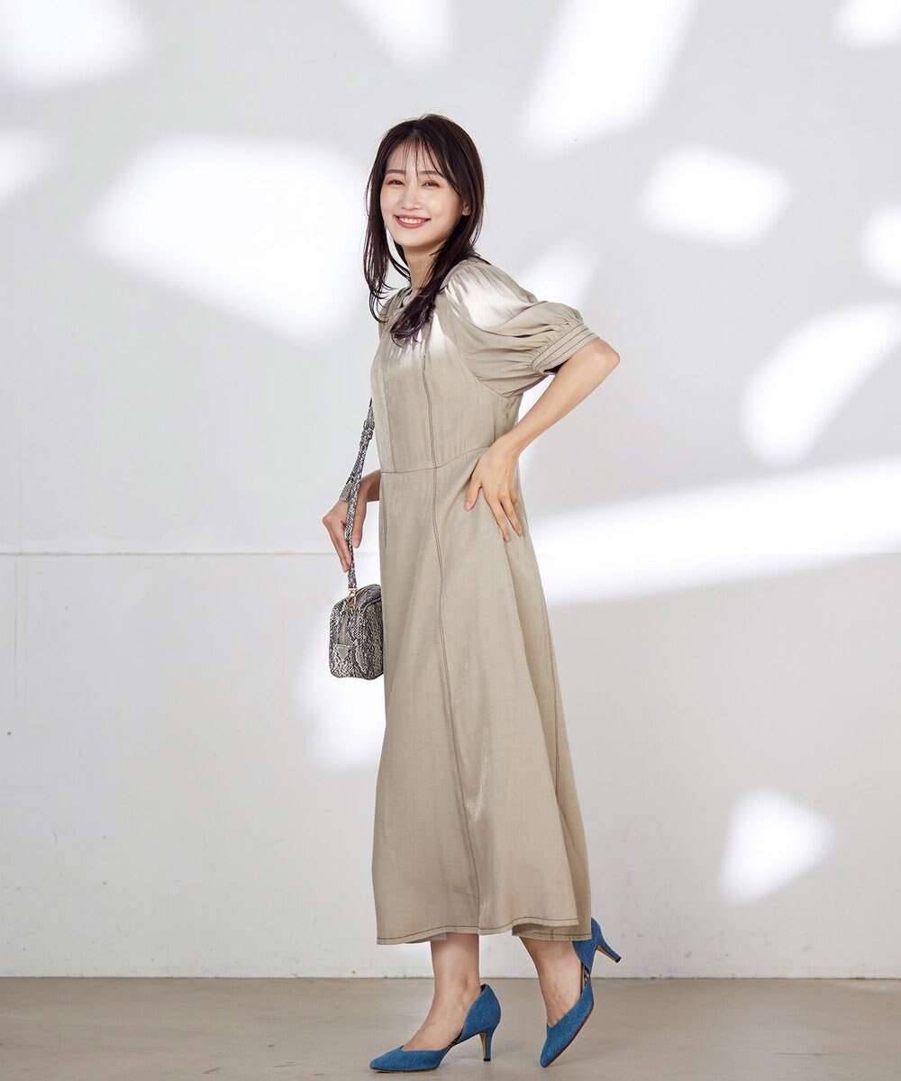 Tiaclasse 【洗える】パフスリーブ配色ステッチワンピース 