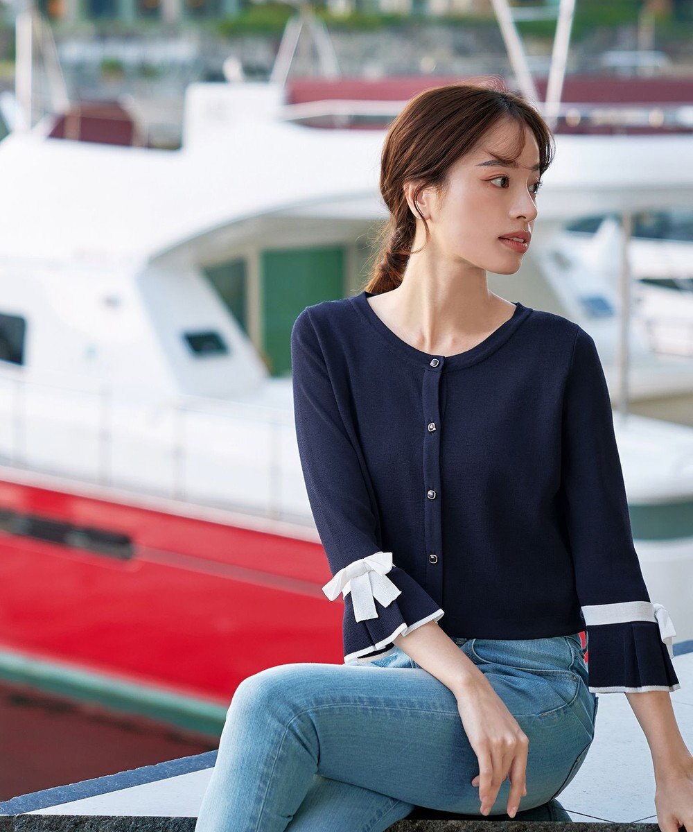 Tiaclasse L 【洗える】袖口フレアリボンニットカーディガン 