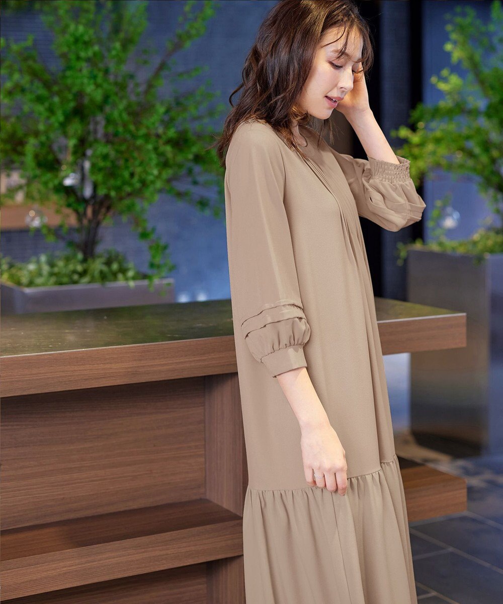 Tiaclasse L 【洗える】パフ袖ピンタックロングワンピース 