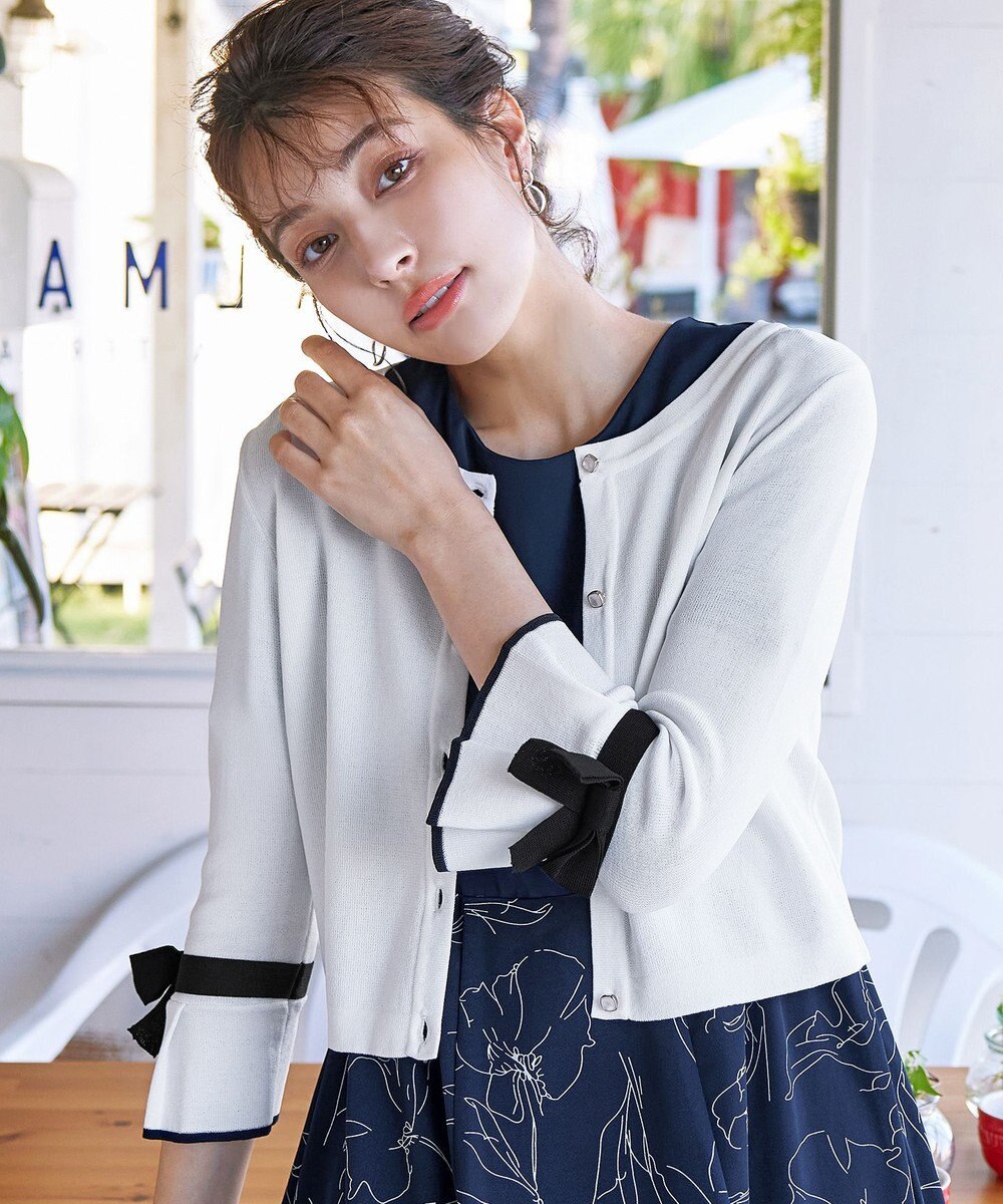 Tiaclasse L 【洗える】袖口フレアリボンニットカーディガン 