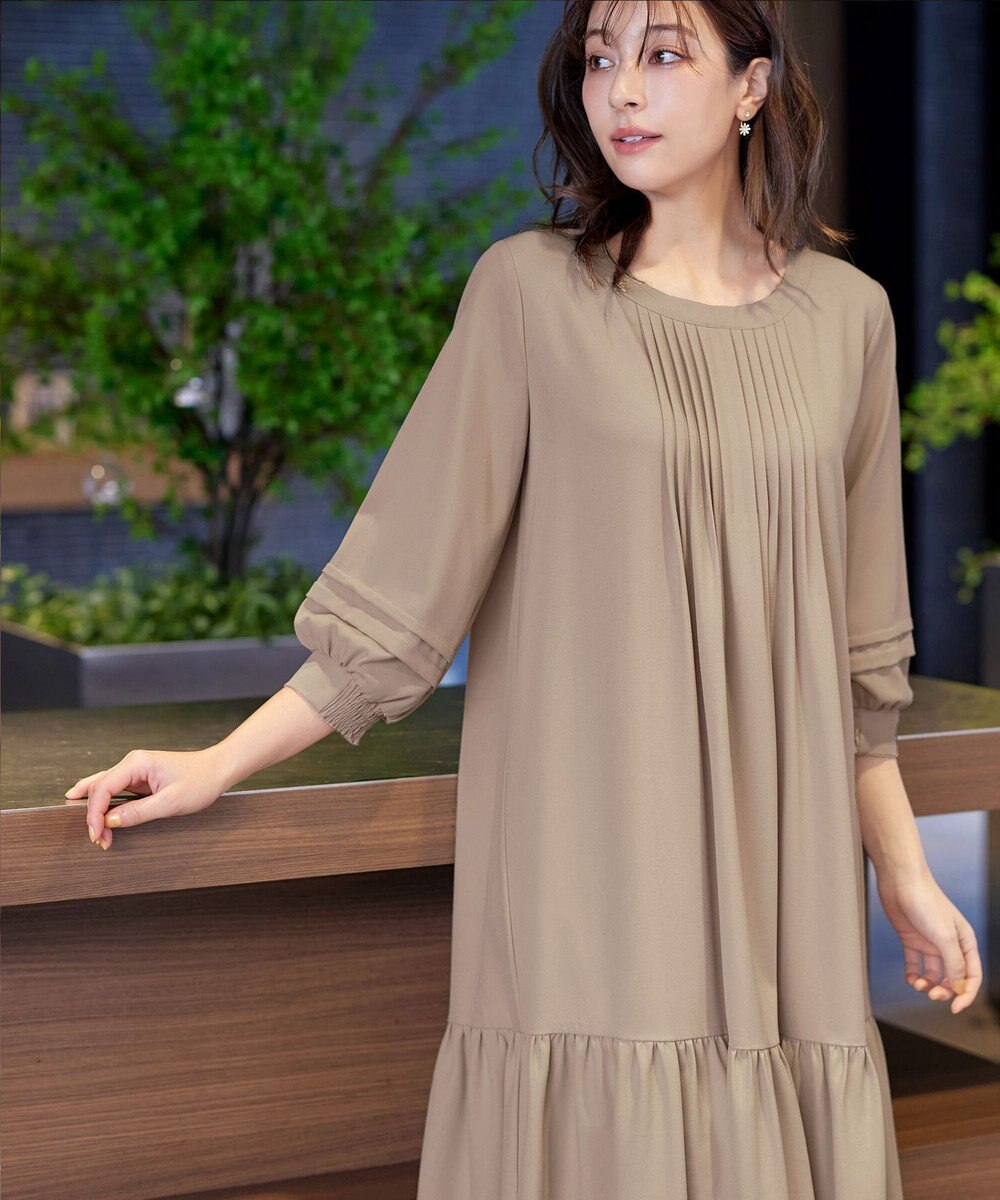 Tiaclasse L 【洗える】パフ袖ピンタックロングワンピース 