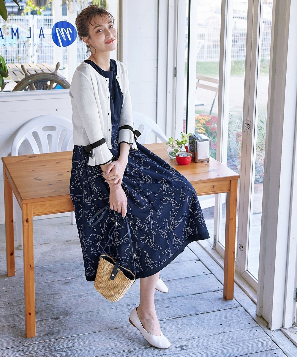 Tiaclasse L 【洗える】袖口フレアリボンニットカーディガン 