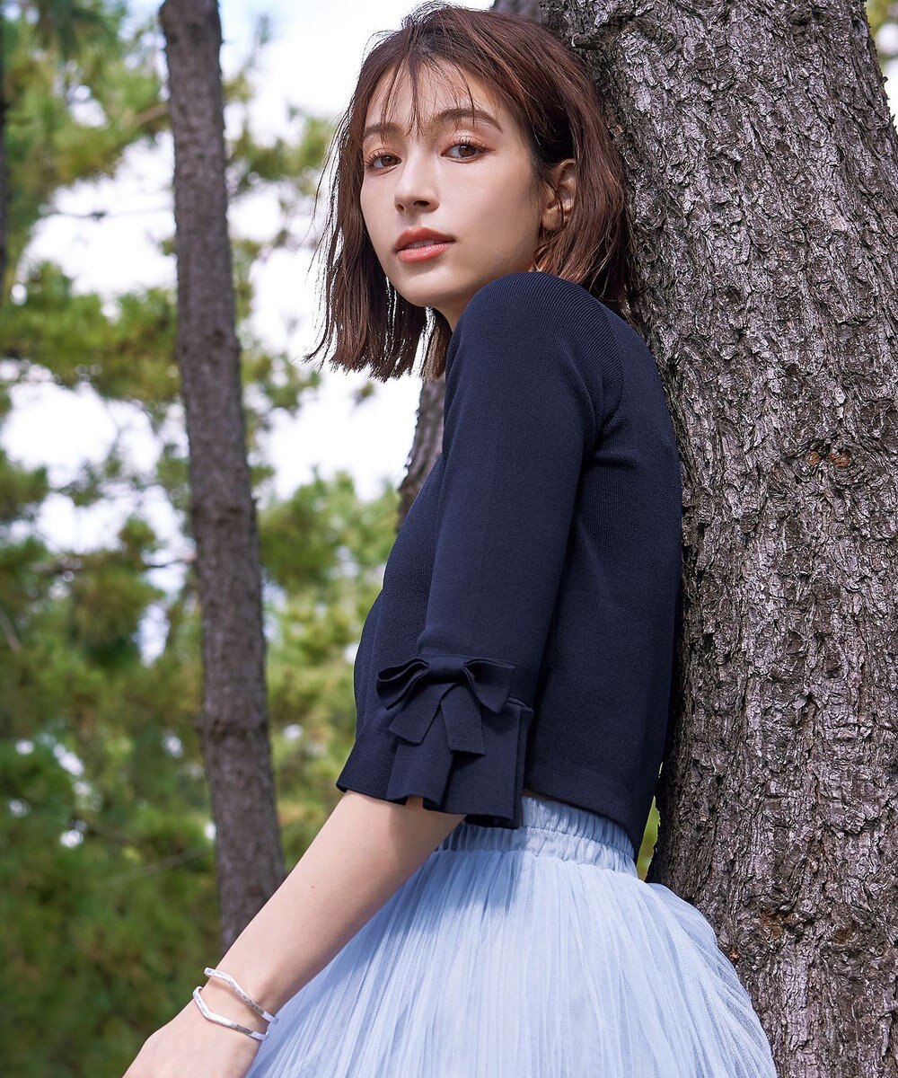 Tiaclasse L 【洗える】袖口フレアリボンニットカーディガン 