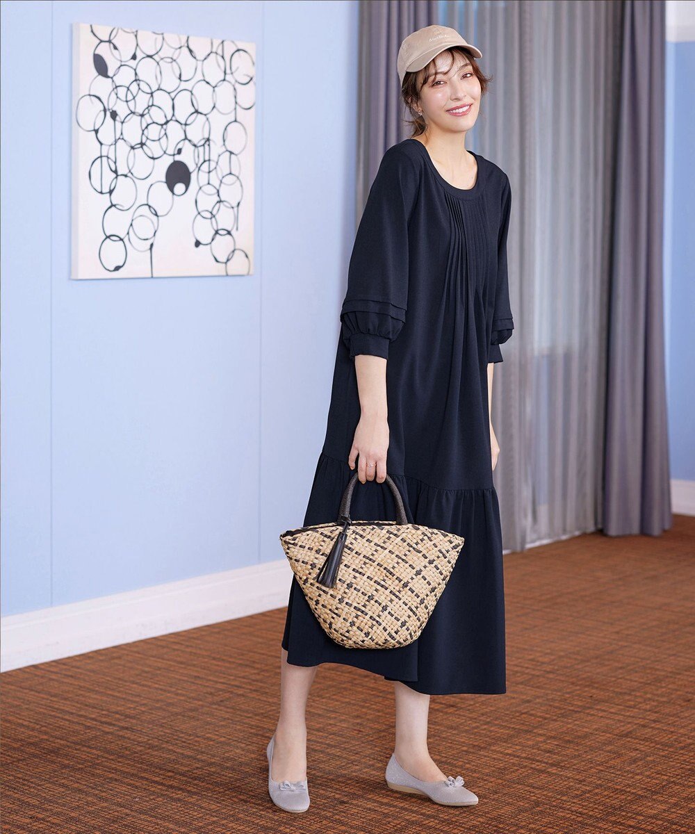 Tiaclasse L 【洗える】パフ袖ピンタックロングワンピース 