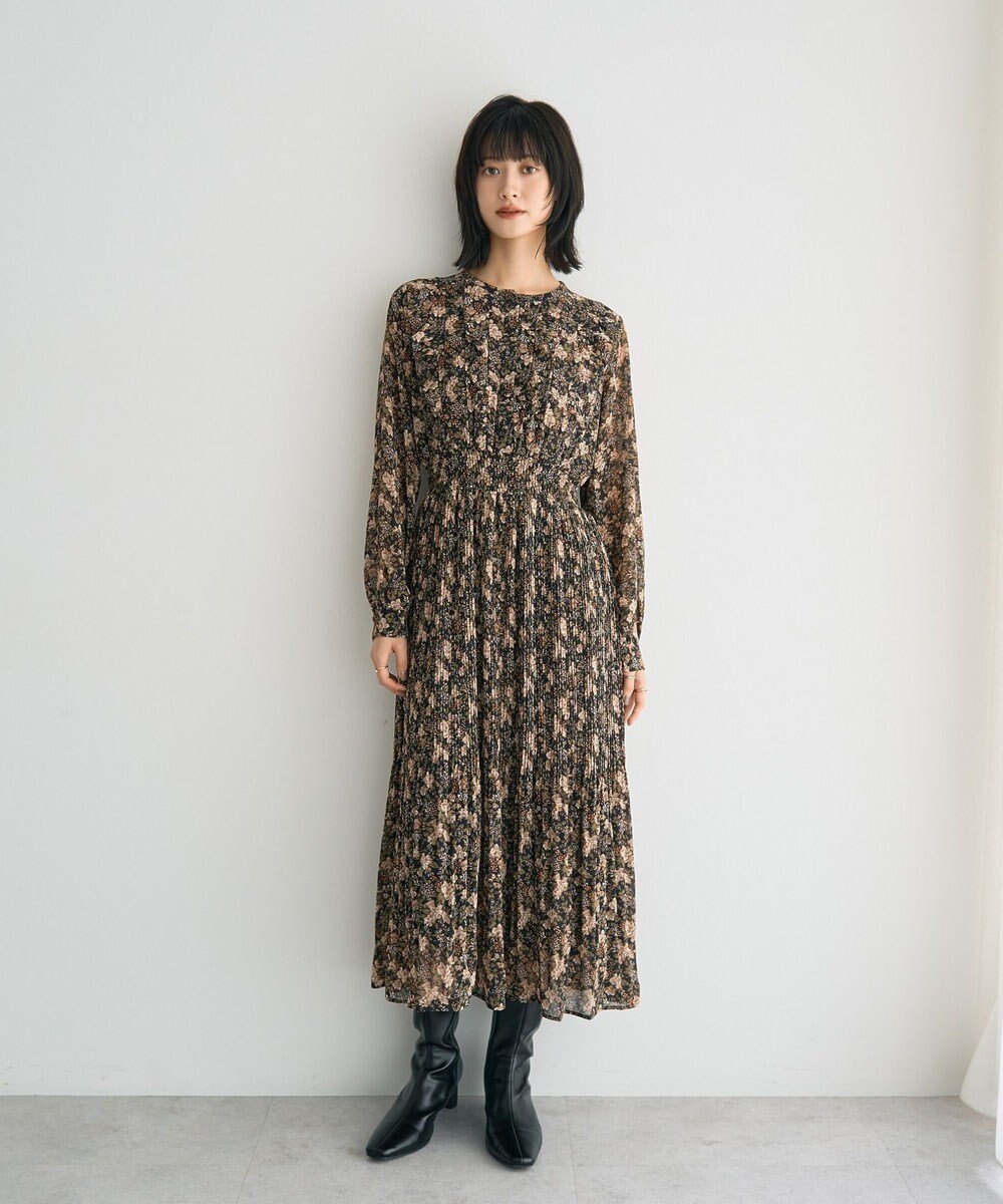 YECCA VECCA フラワー柄フリルプリーツワンピース 