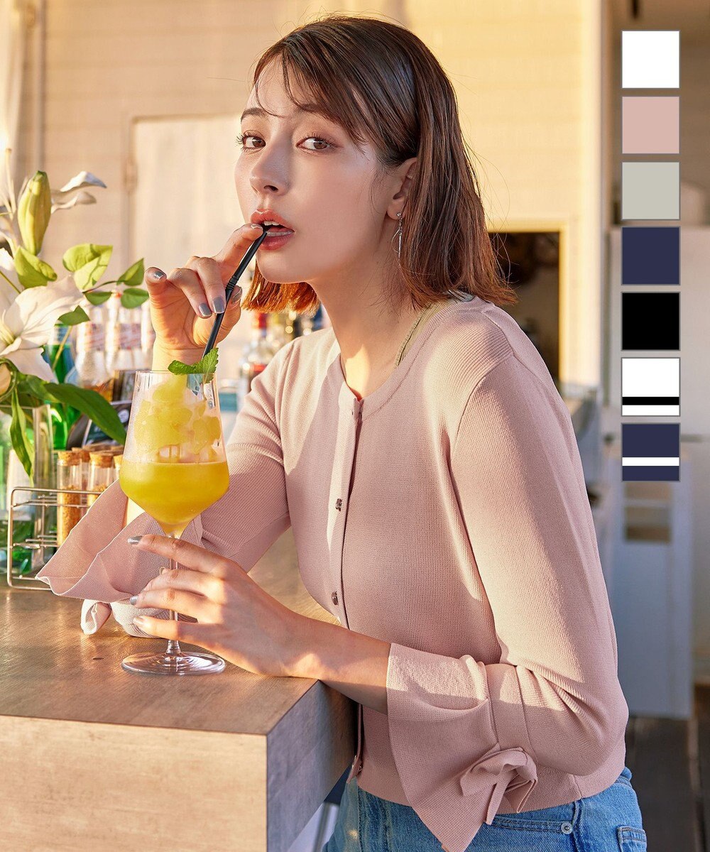 Tiaclasse L 【洗える】袖口フレアリボンニットカーディガン 