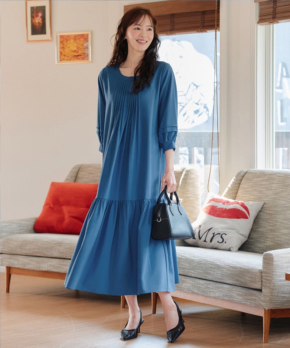 Tiaclasse L 【洗える】パフ袖ピンタックロングワンピース 