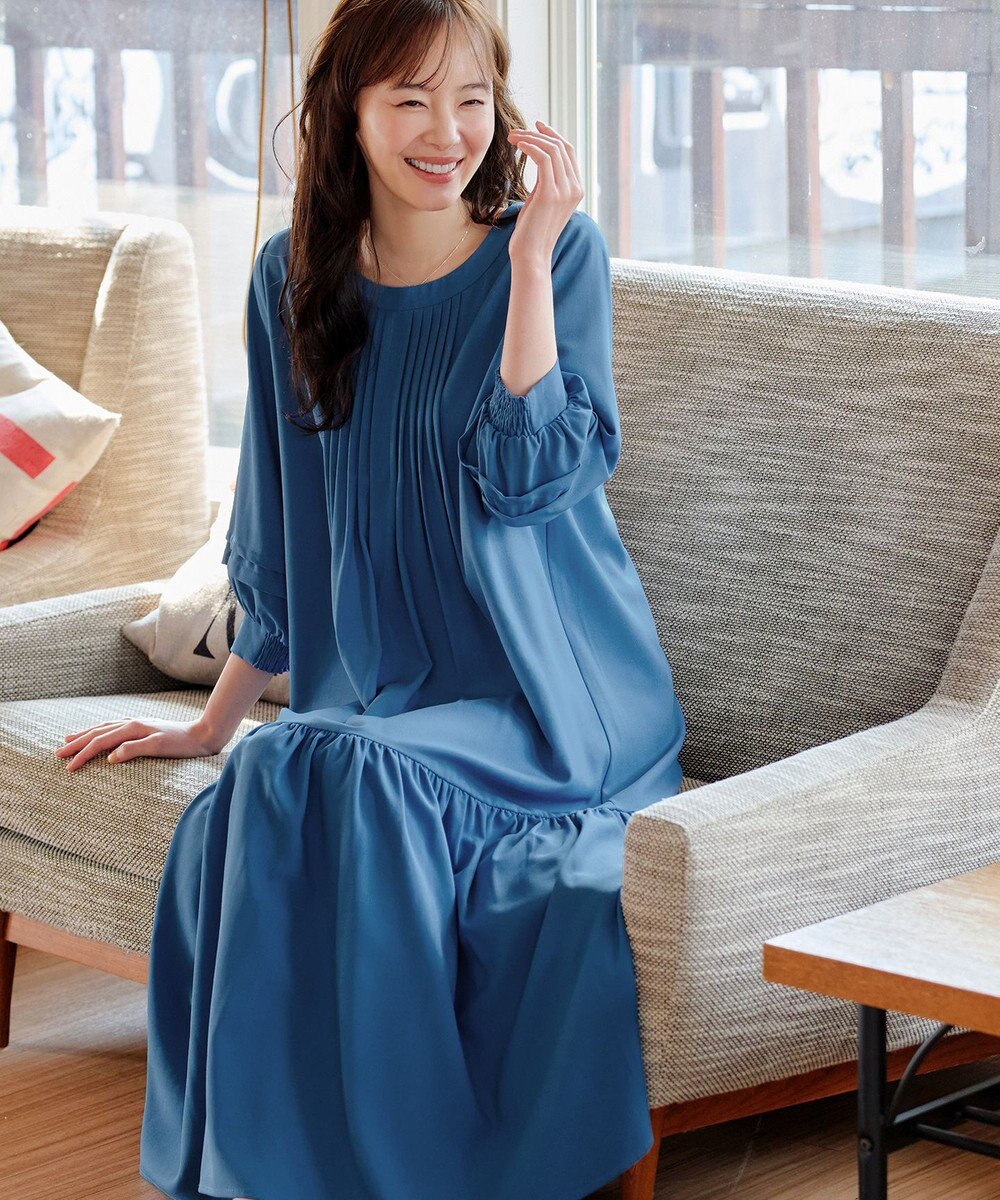 Tiaclasse L 【洗える】パフ袖ピンタックロングワンピース 