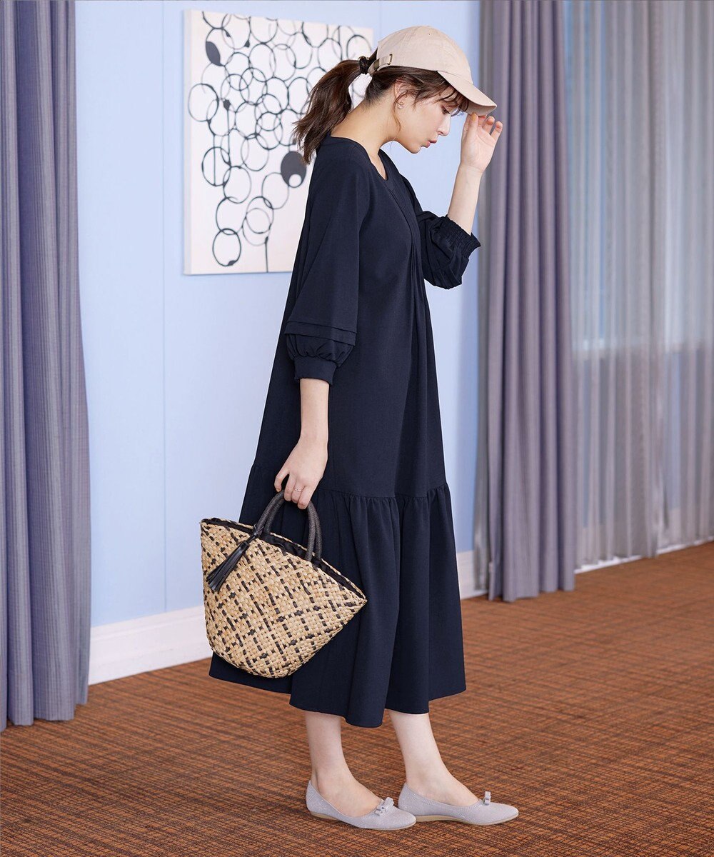 Tiaclasse L 【洗える】パフ袖ピンタックロングワンピース 