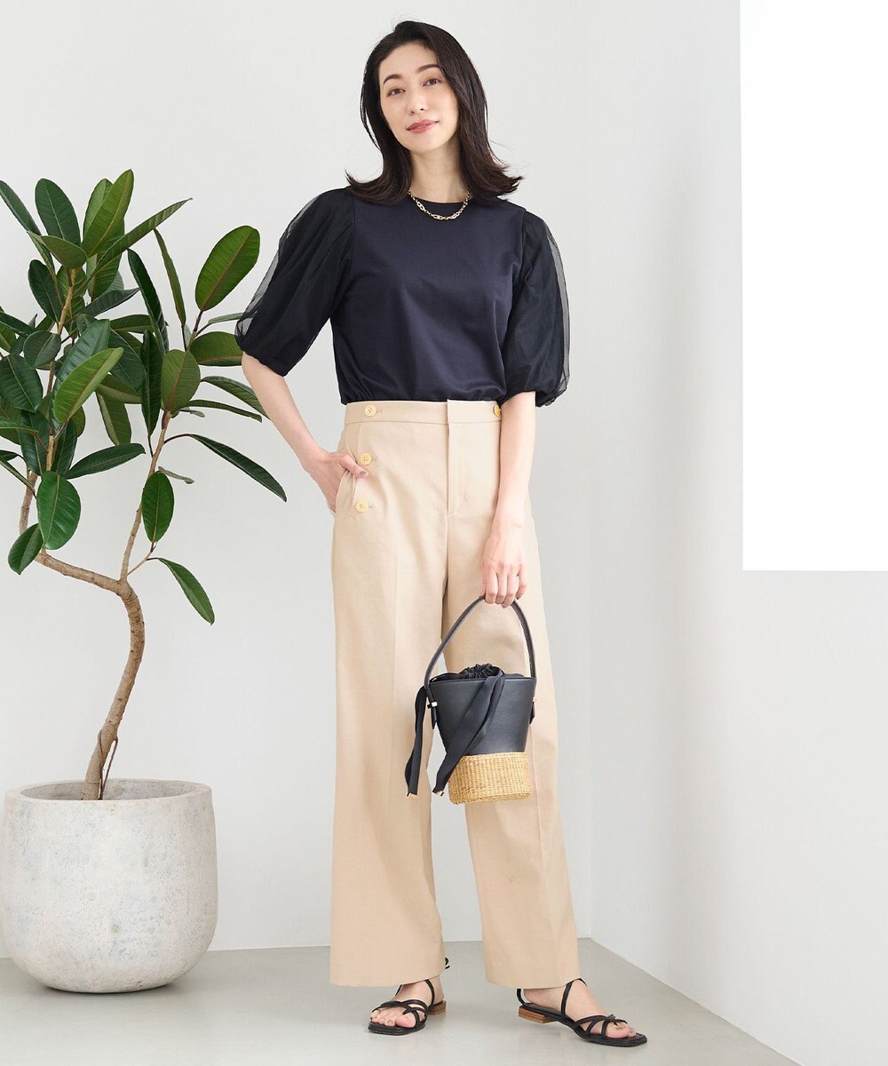 自由区 【洗える・XSサイズあり】シアーコンビパフスリーブ カットソー 