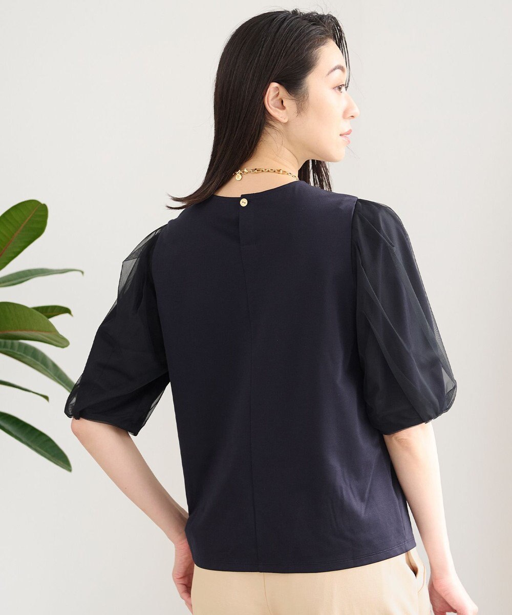 自由区 【洗える・XSサイズあり】シアーコンビパフスリーブ カットソー 