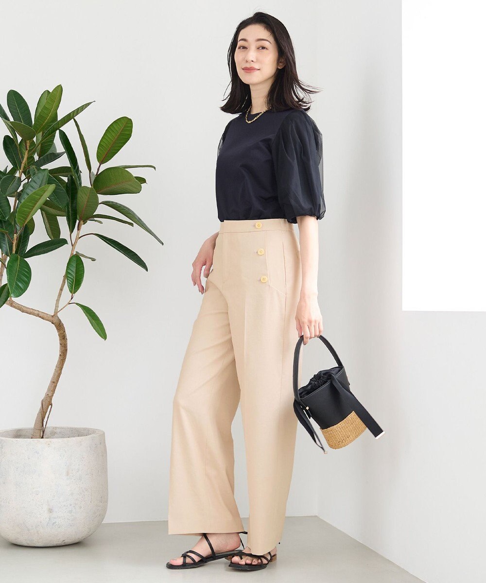 自由区 【洗える・XSサイズあり】シアーコンビパフスリーブ カットソー 