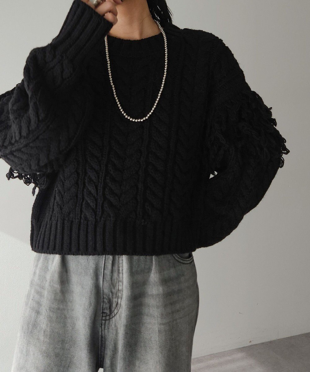 Green Parks フリンジスリーブショート丈ケーブルニット 