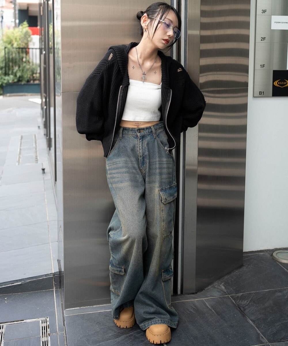 WEGO ダメージニットジップパーカー 