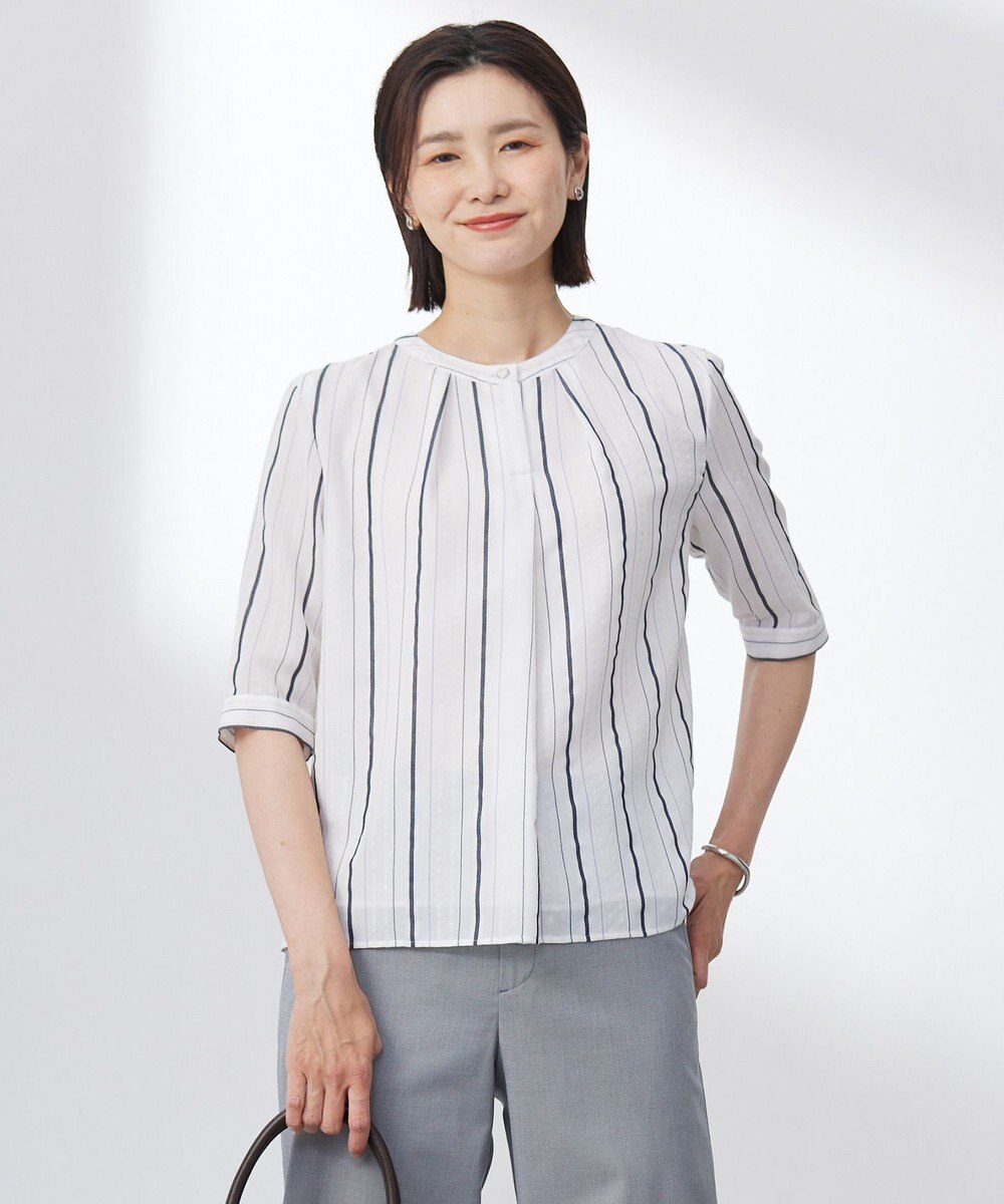 J.PRESS LADIES 【洗える】SHEERストライプ クルーネック ブラウス 