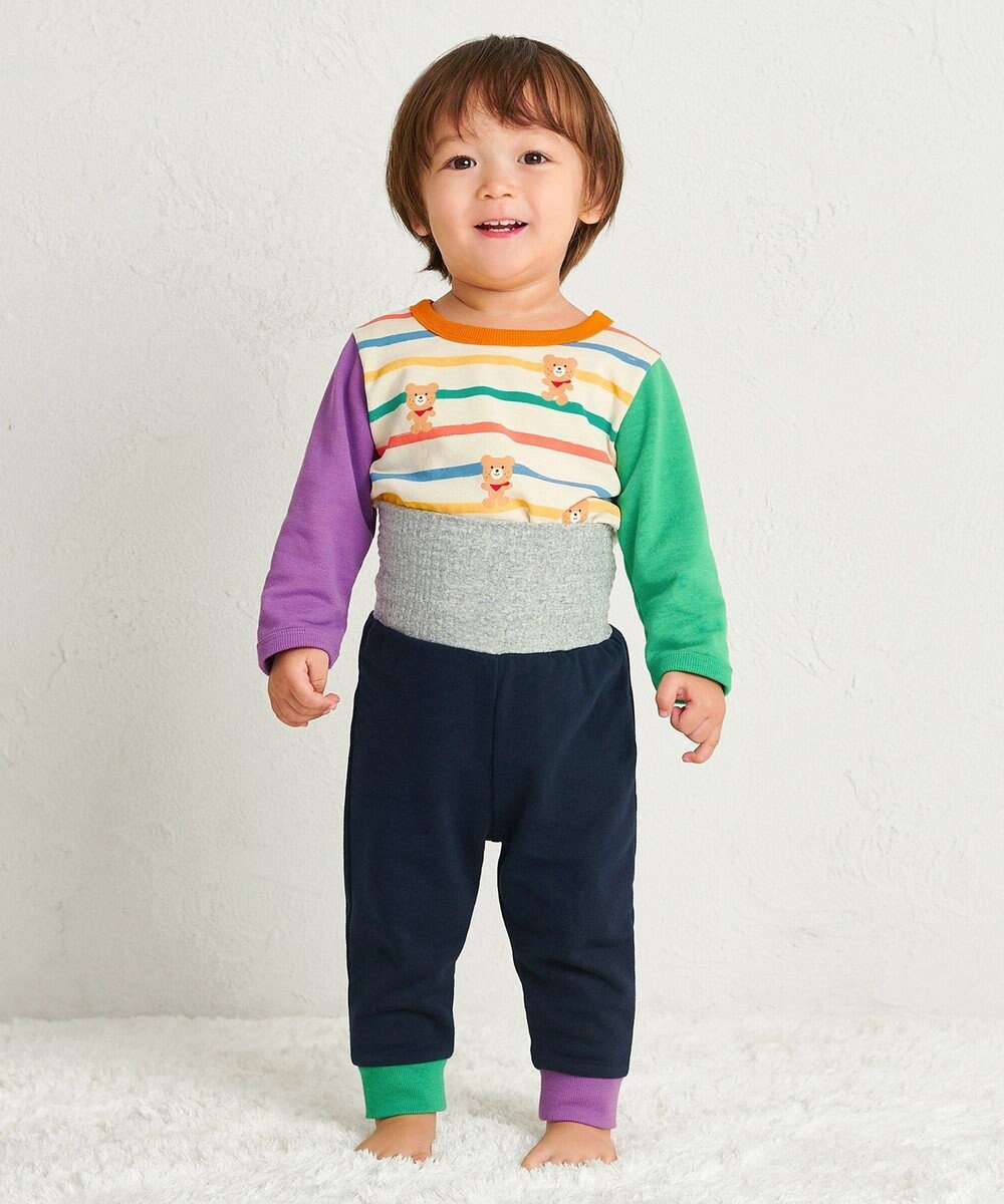 MIKI HOUSE HOT BISCUITS 【80-120cm】 ボーダー柄 ミニ裏毛パイル素材 腹巻き付き長袖パジャマ 