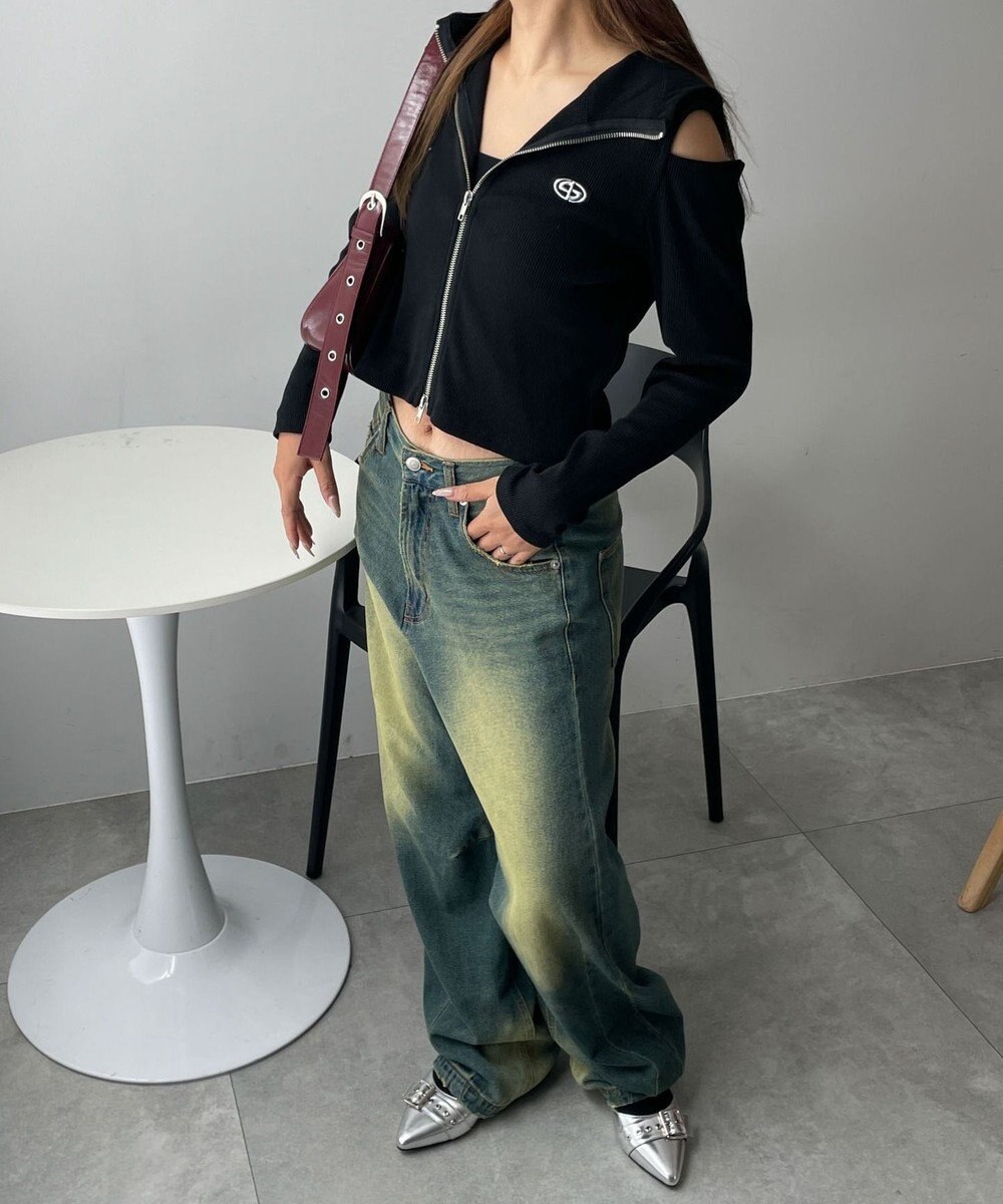 WEGO オープンショルダーダブルジップパーカー 