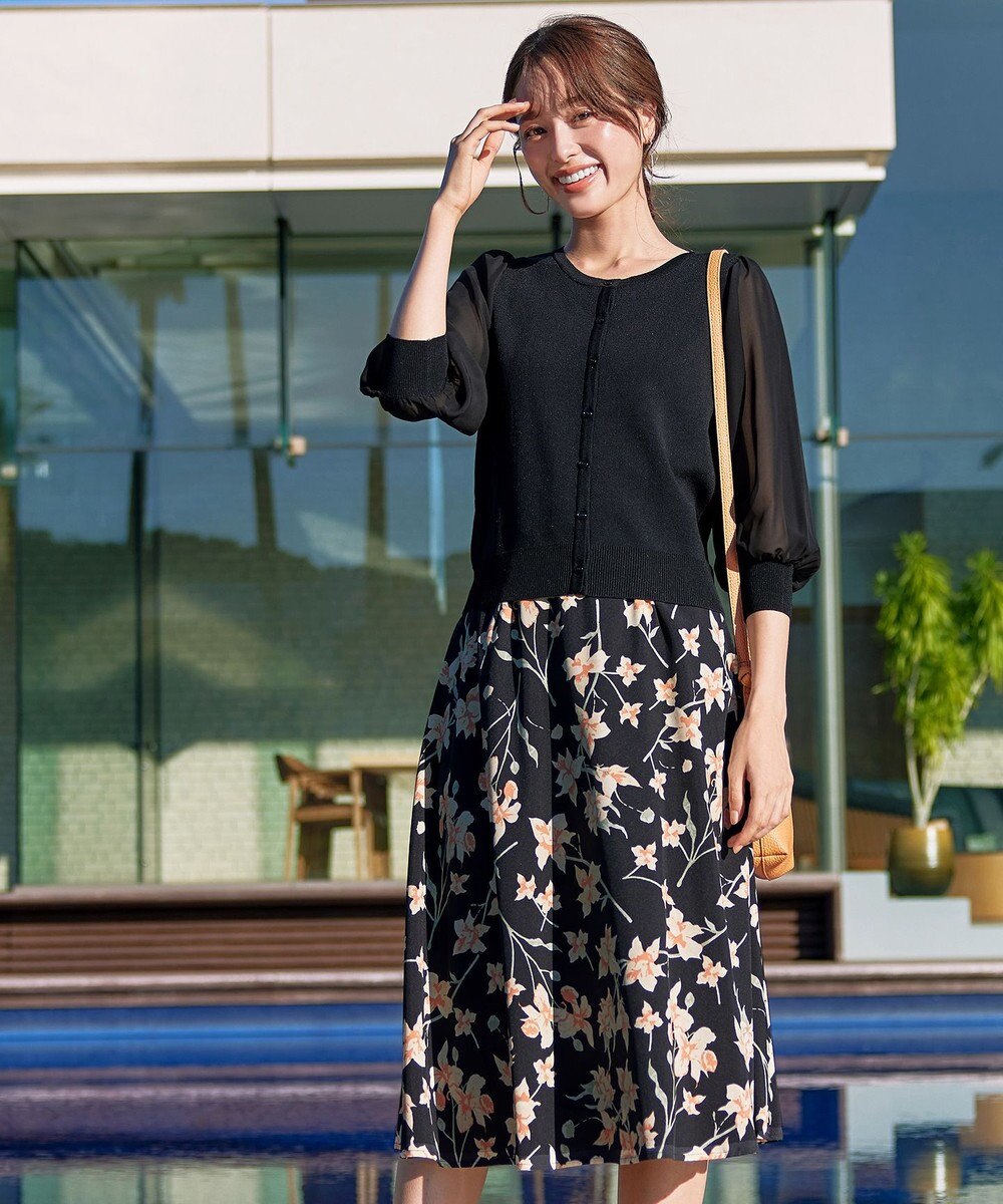 Tiaclasse L 【洗える】パフスリーブコンビカーディガン 