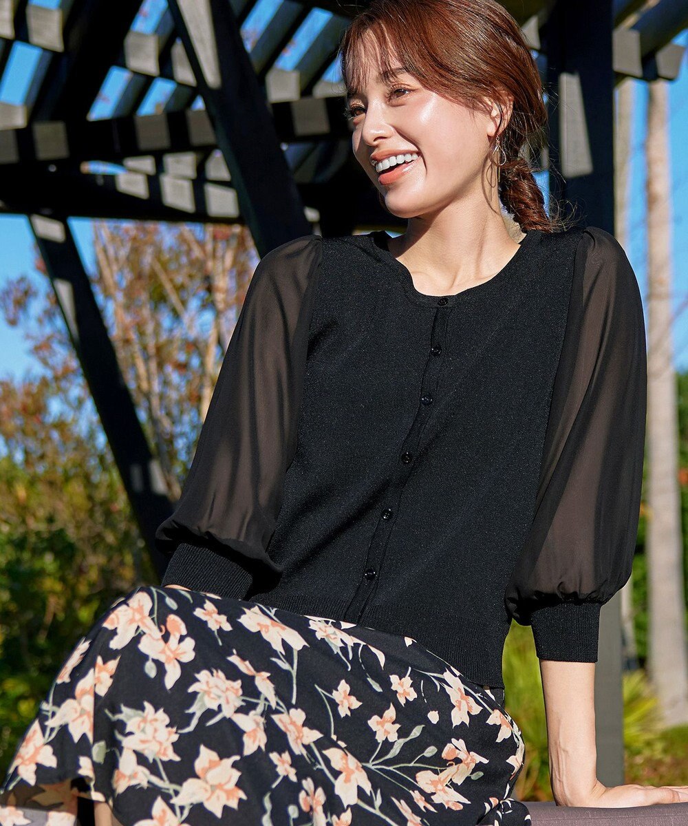 Tiaclasse L 【洗える】パフスリーブコンビカーディガン 