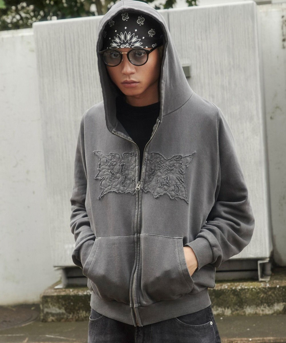 WEGO 【ユニセックス着用ITEM】ピグメントダメージアップリケZIPパーカー 