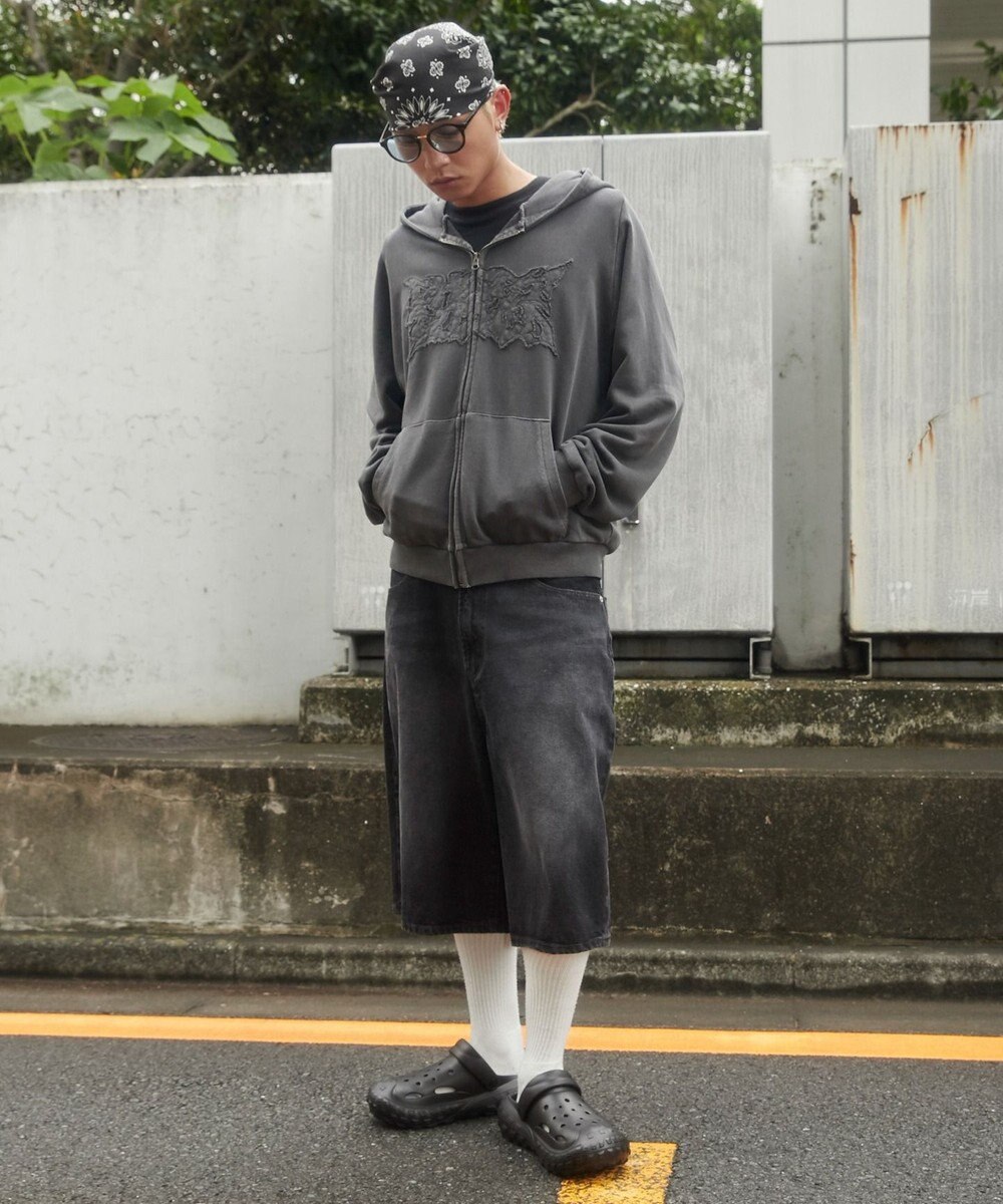 WEGO 【ユニセックス着用ITEM】ピグメントダメージアップリケZIPパーカー 