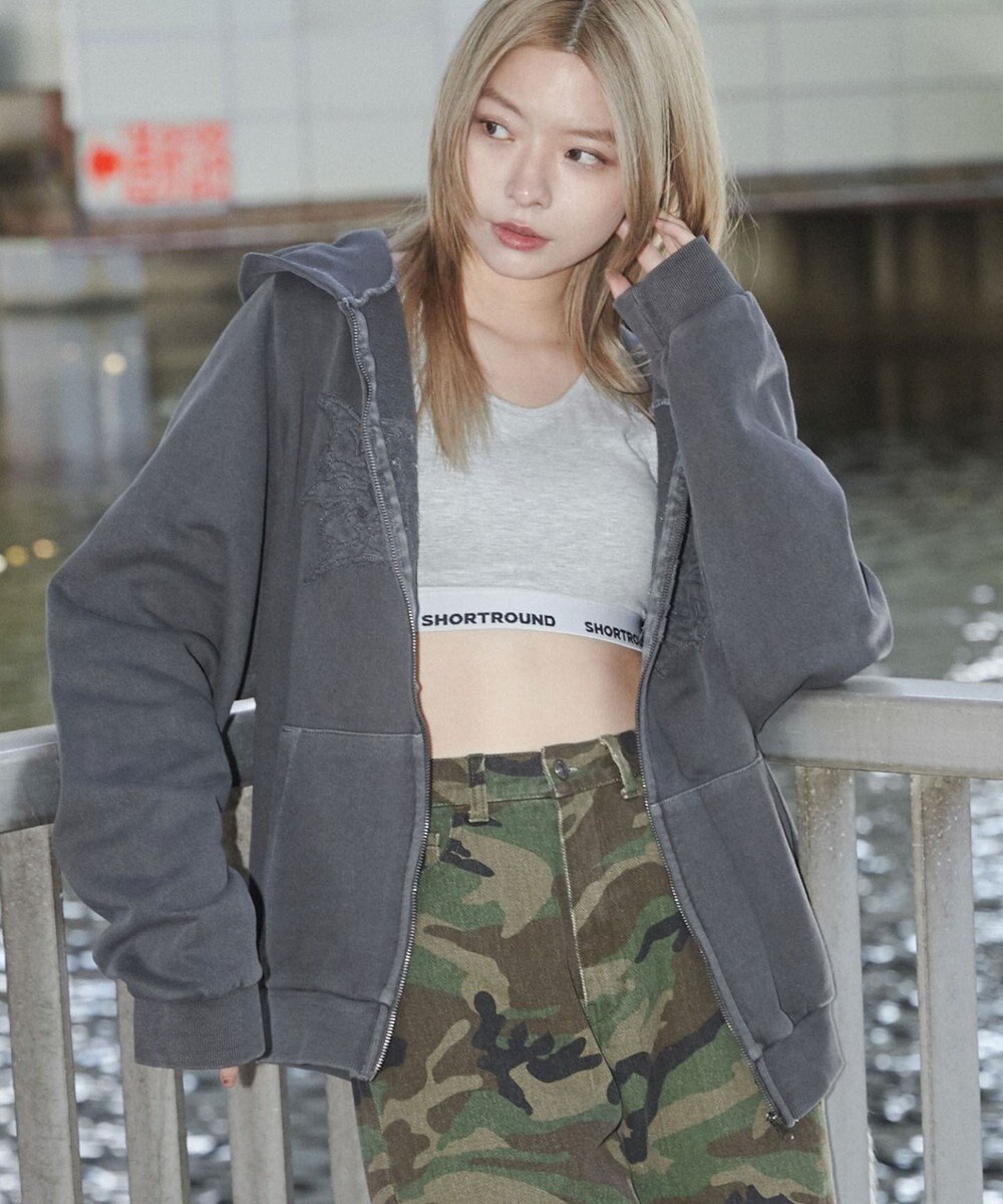 WEGO 【ユニセックス着用ITEM】ピグメントダメージアップリケZIPパーカー 