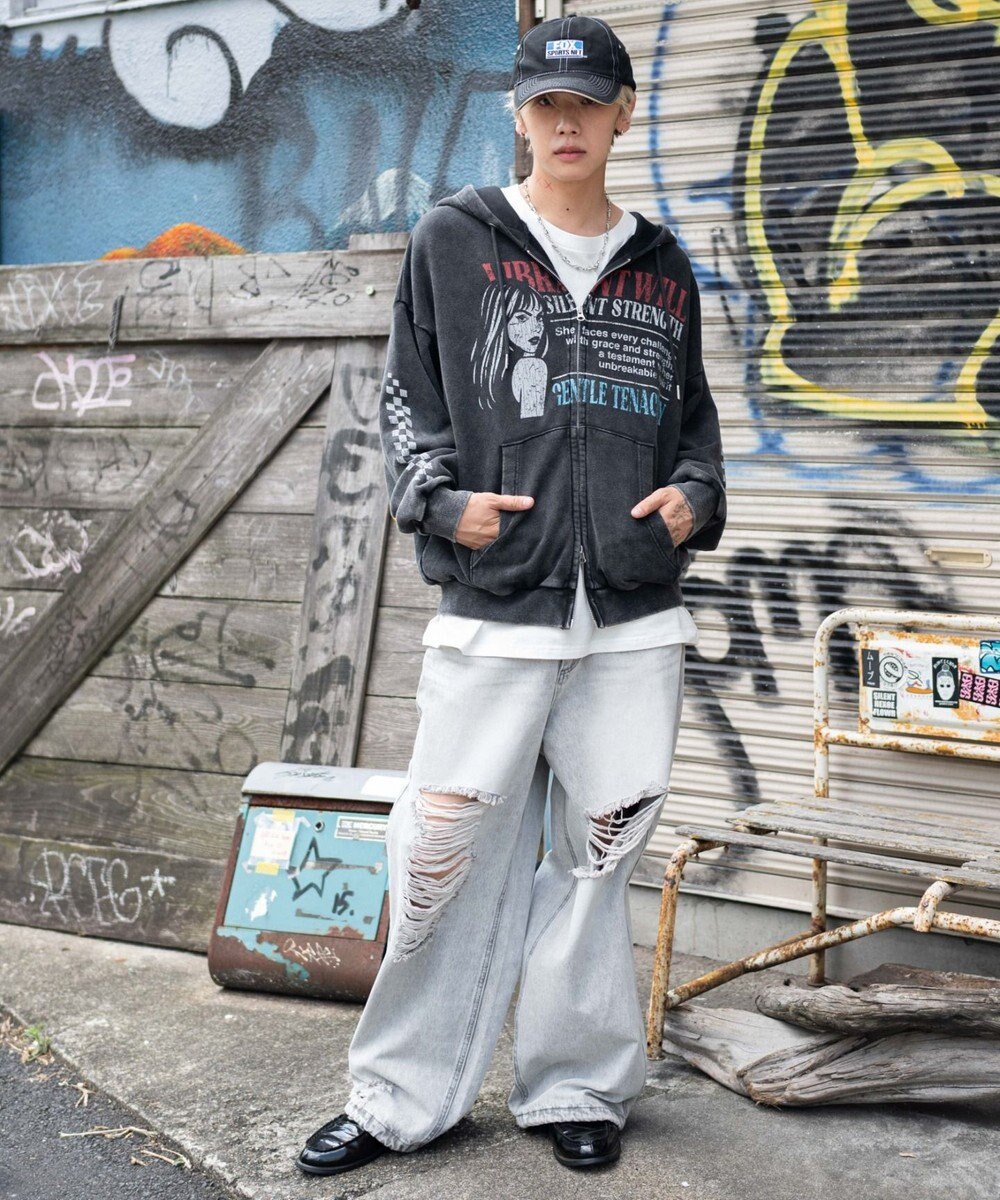 WEGO 【ユニセックス着用ITEM/MLサイズ展開】パウダーブリーチグラフィックZIPパーカー 