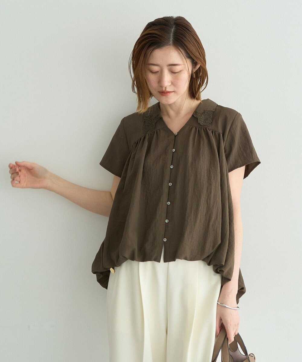 YECCA VECCA 刺繍カラーバルーンヘムブラウス 