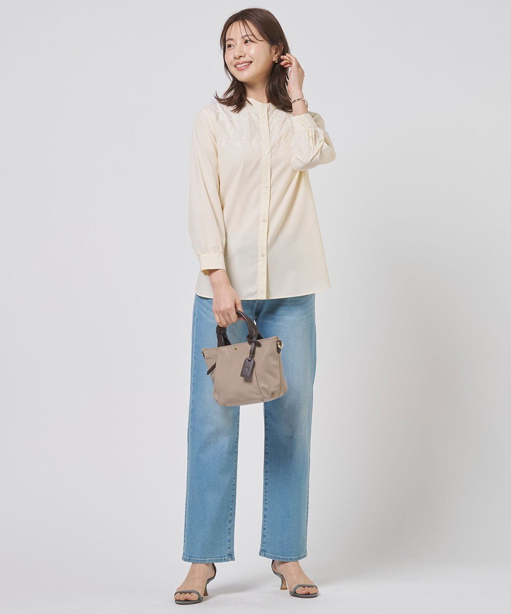 J.PRESS LADIES L ストライプ×エンブロイダリー バンドカラー ブラウス 