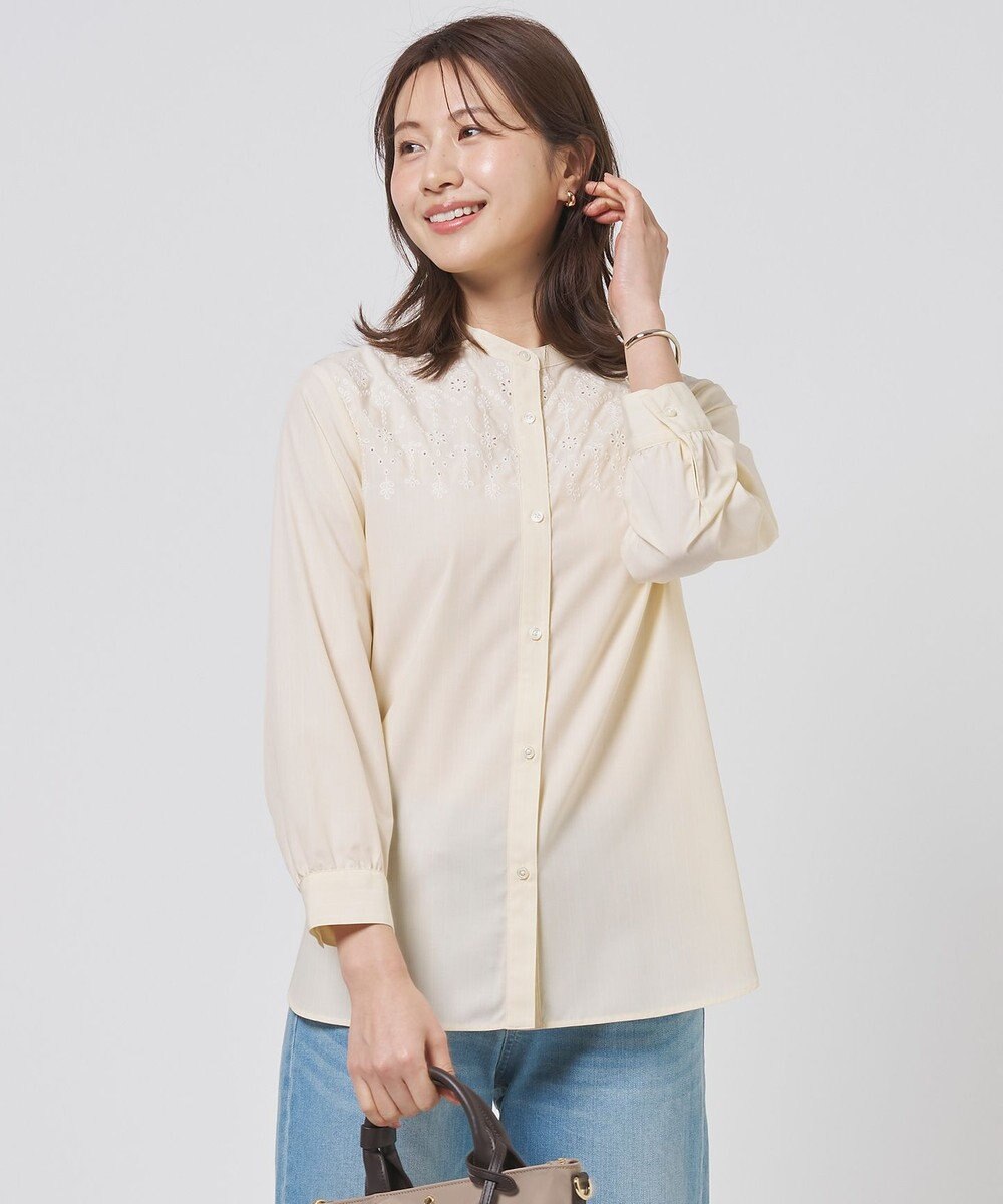 J.PRESS LADIES L ストライプ×エンブロイダリー バンドカラー ブラウス 