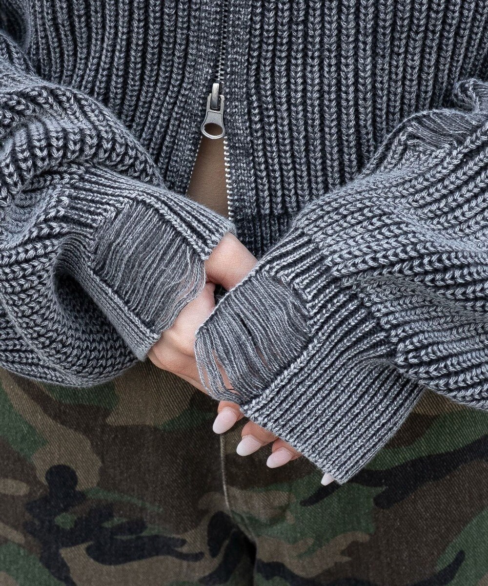 WEGO ダメージニットジップパーカー 