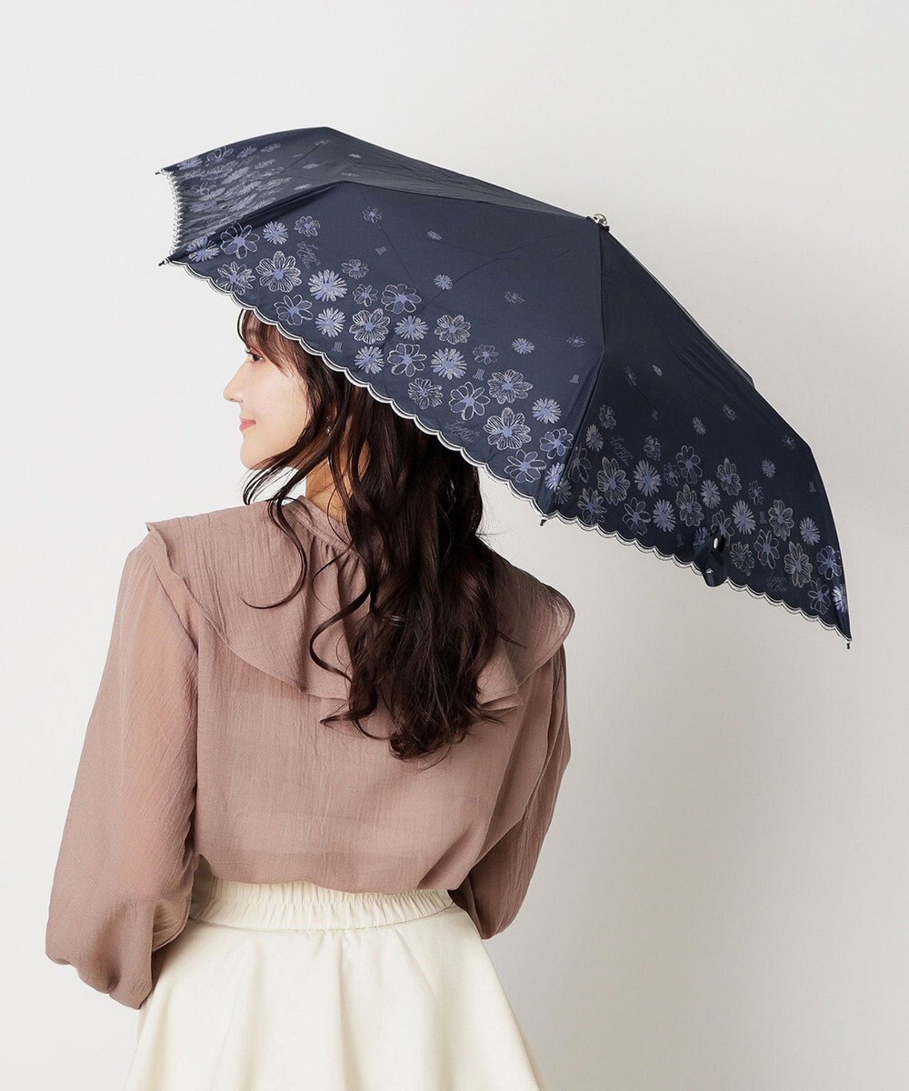 MOONBAT 【遮光率100％/遮熱/UV】LANVIN en Bleu (ランバン オン ブルー)晴雨兼用日傘 フラワーグリッター シルバースカラ刺繍 花柄 折りたたみ傘 簡単開閉 