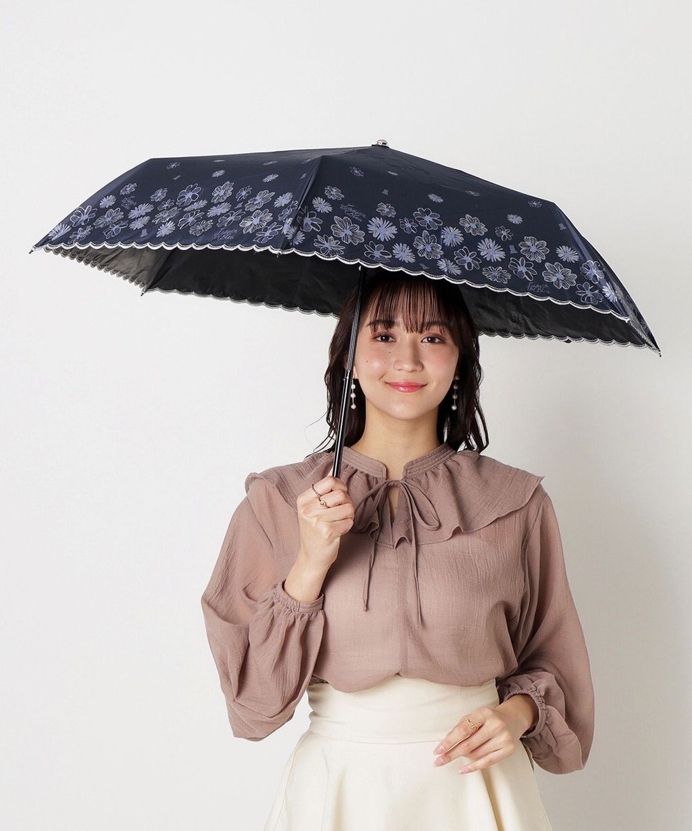 MOONBAT 【遮光率100％/遮熱/UV】LANVIN en Bleu (ランバン オン ブルー)晴雨兼用日傘 フラワーグリッター シルバースカラ刺繍 花柄 折りたたみ傘 簡単開閉 