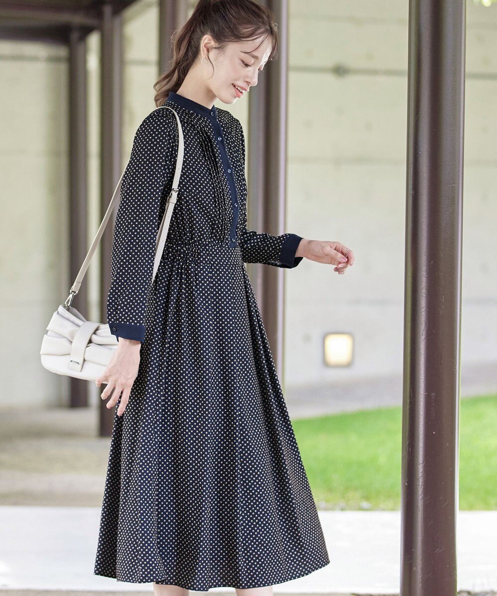 Tiaclasse 【新色追加・洗える】配色バンドカラー幾何学柄ワンピース 