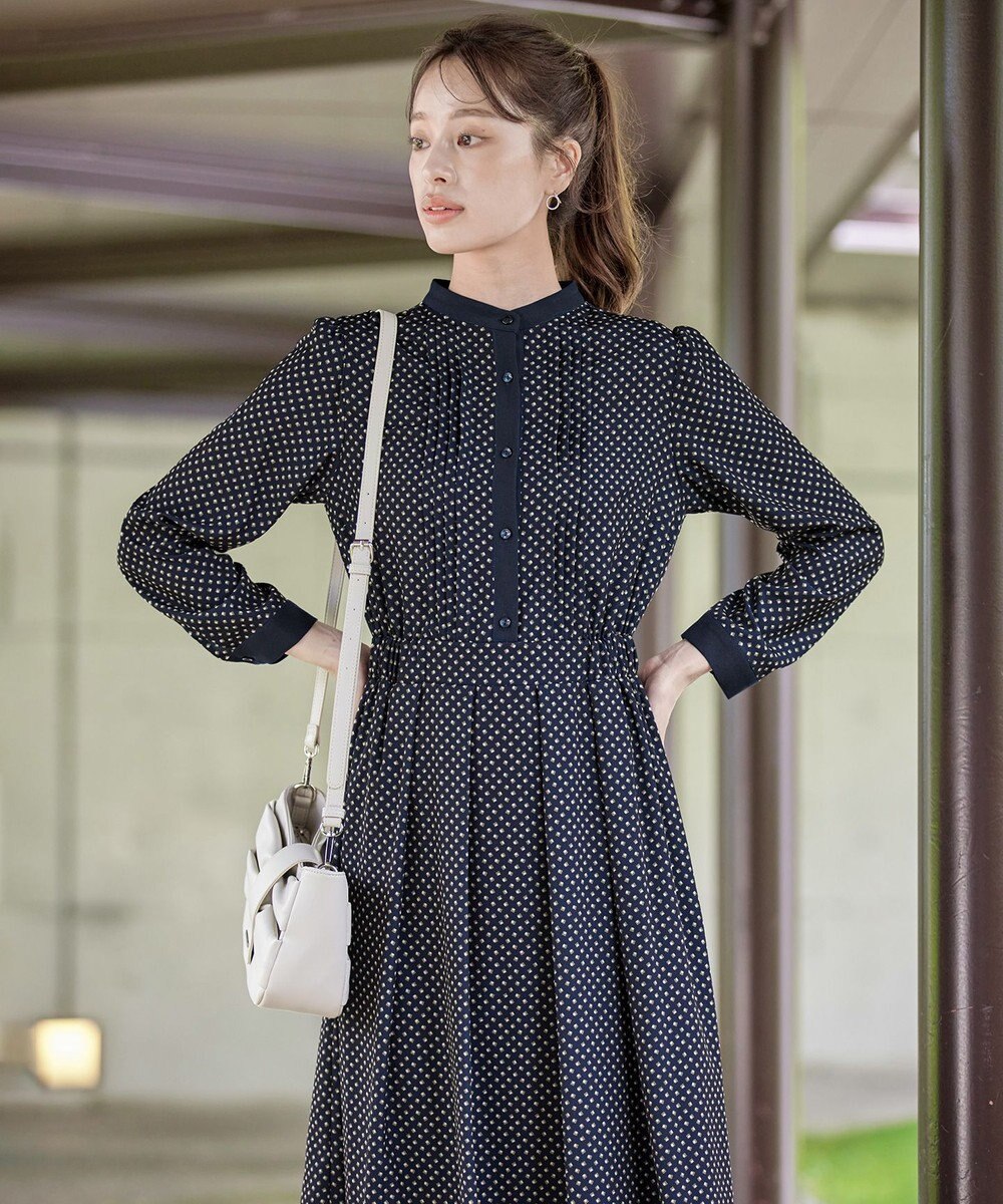 Tiaclasse 【新色追加・洗える】配色バンドカラー幾何学柄ワンピース 