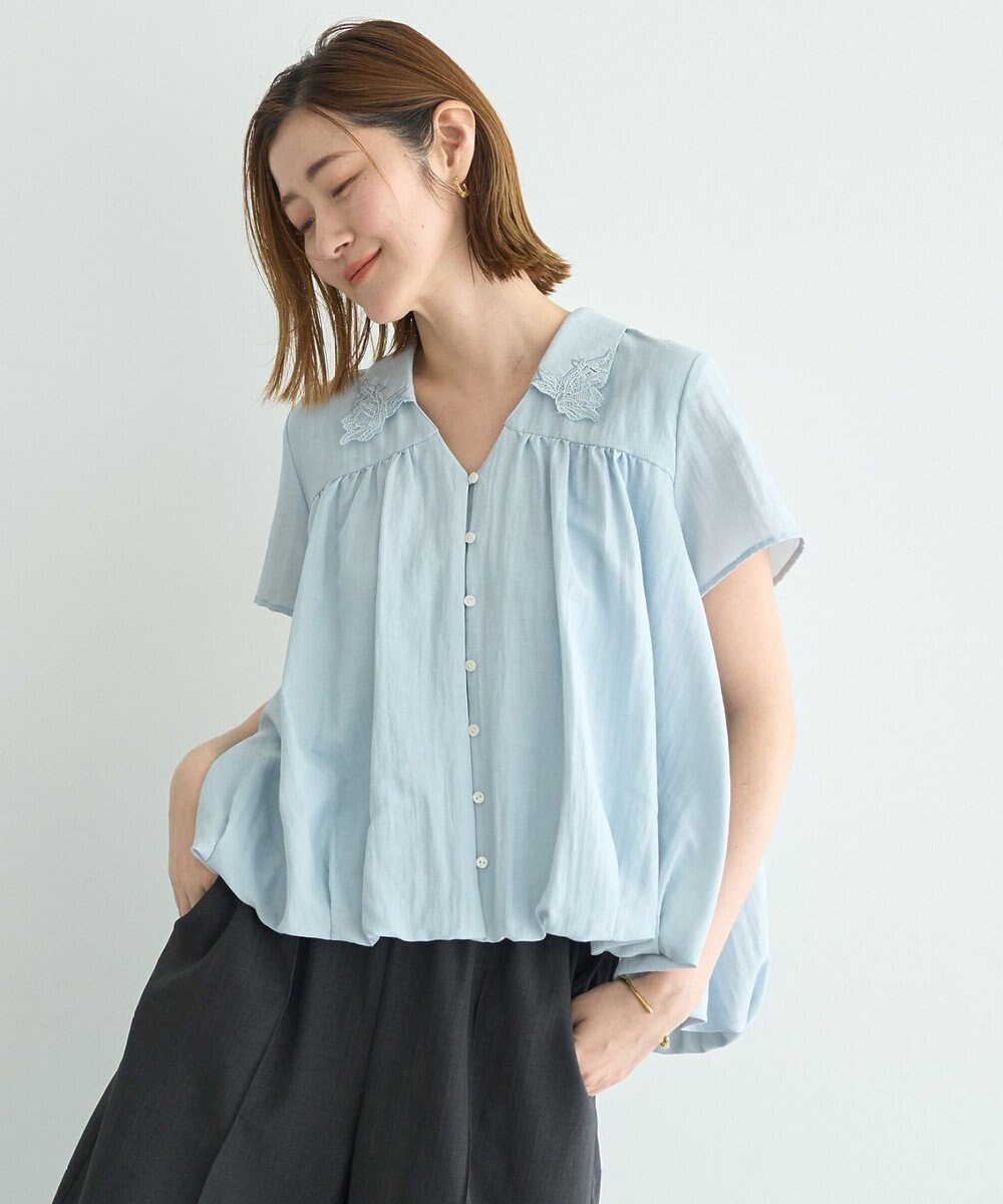 YECCA VECCA 刺繍カラーバルーンヘムブラウス 