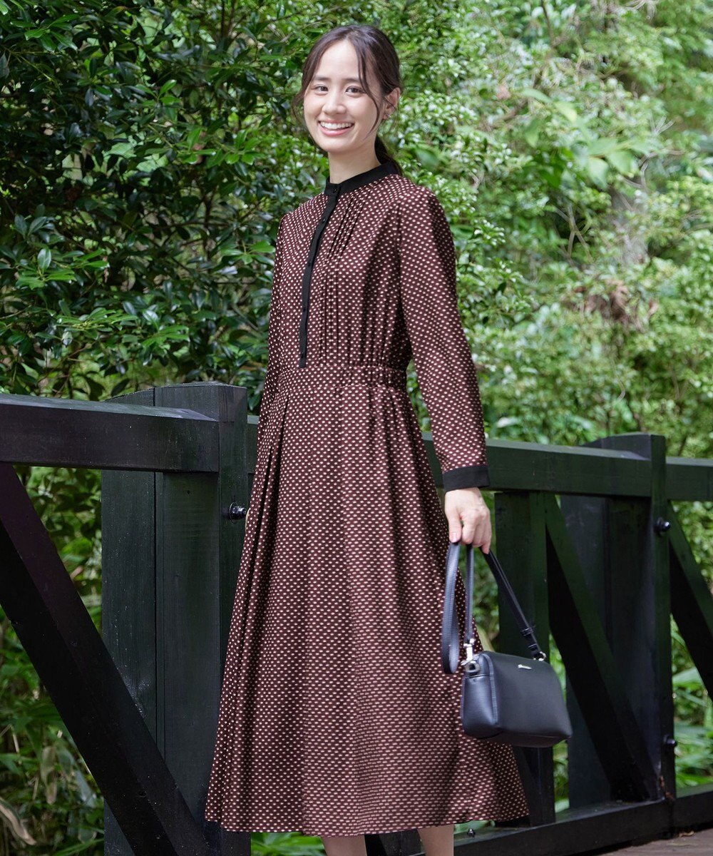 Tiaclasse 【新色追加・洗える】配色バンドカラー幾何学柄ワンピース 