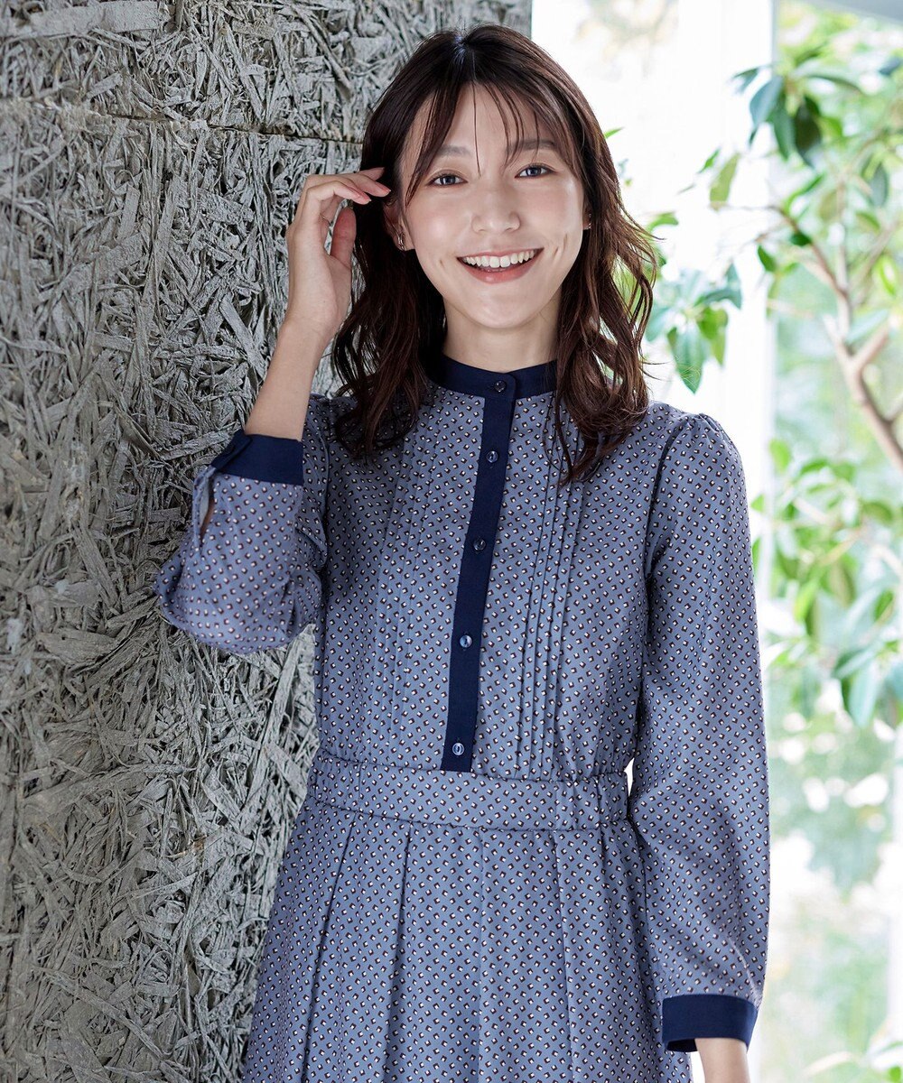 Tiaclasse 【新色追加・洗える】配色バンドカラー幾何学柄ワンピース 