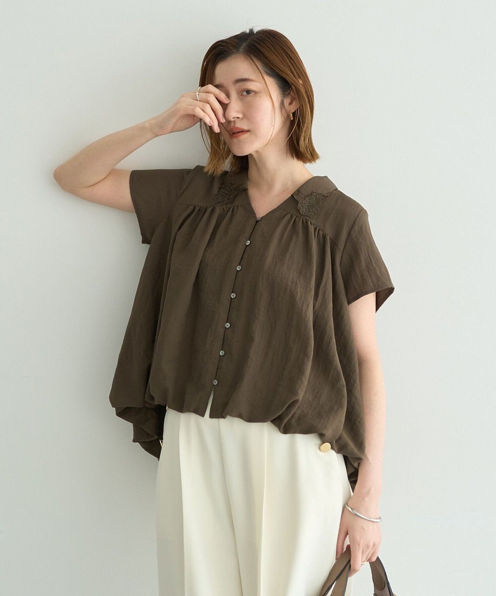 YECCA VECCA 刺繍カラーバルーンヘムブラウス 