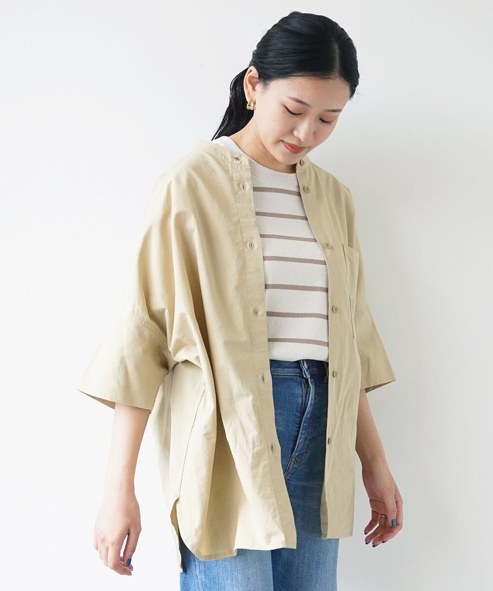 WHITE MAILS COTTON PAPER  POPLIN BAND COLLAR DOLMAN SLEEVE SHIRT　コットンポプリン 半袖シャツ 