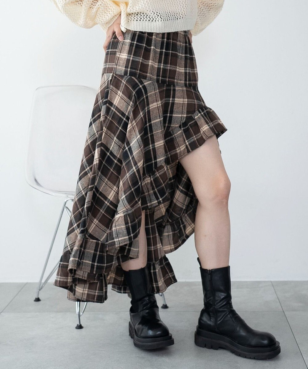 WEGO チェックアシンメトリーフリルロングスカート 