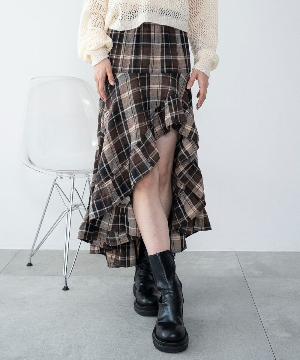 WEGO チェックアシンメトリーフリルロングスカート 