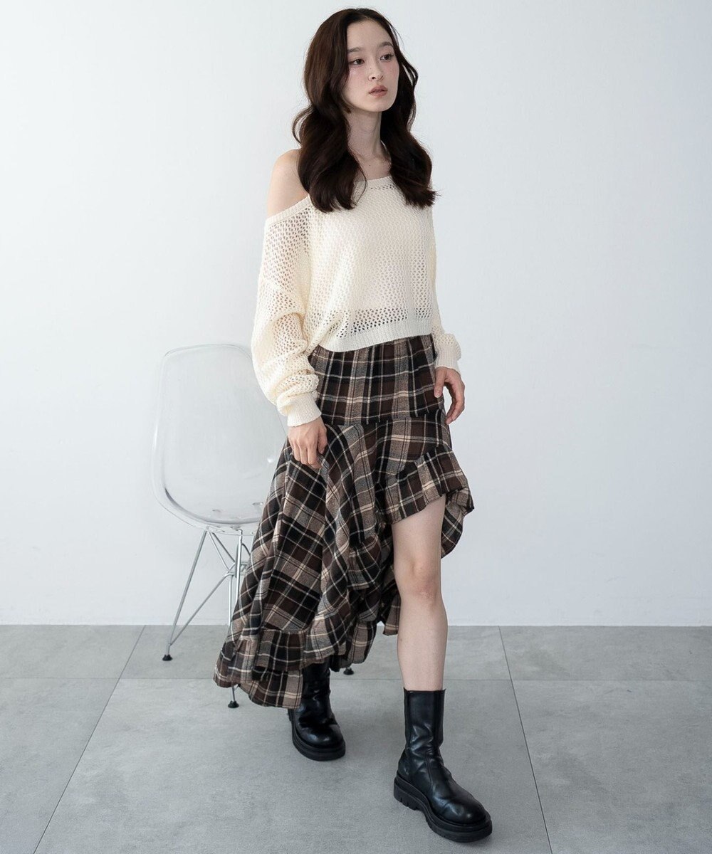 WEGO チェックアシンメトリーフリルロングスカート 