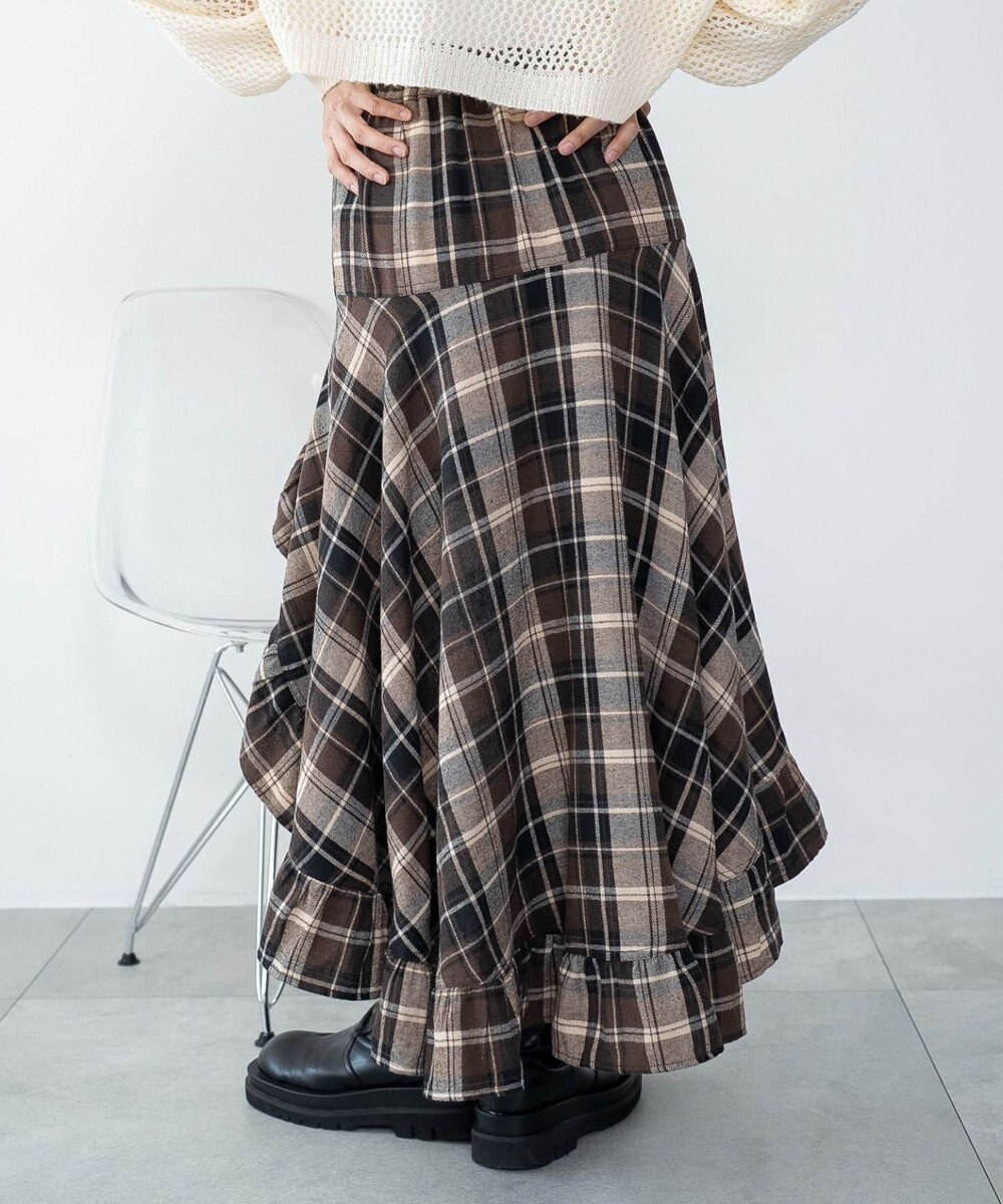 WEGO チェックアシンメトリーフリルロングスカート 
