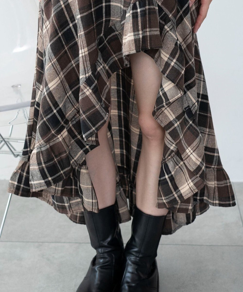 WEGO チェックアシンメトリーフリルロングスカート 
