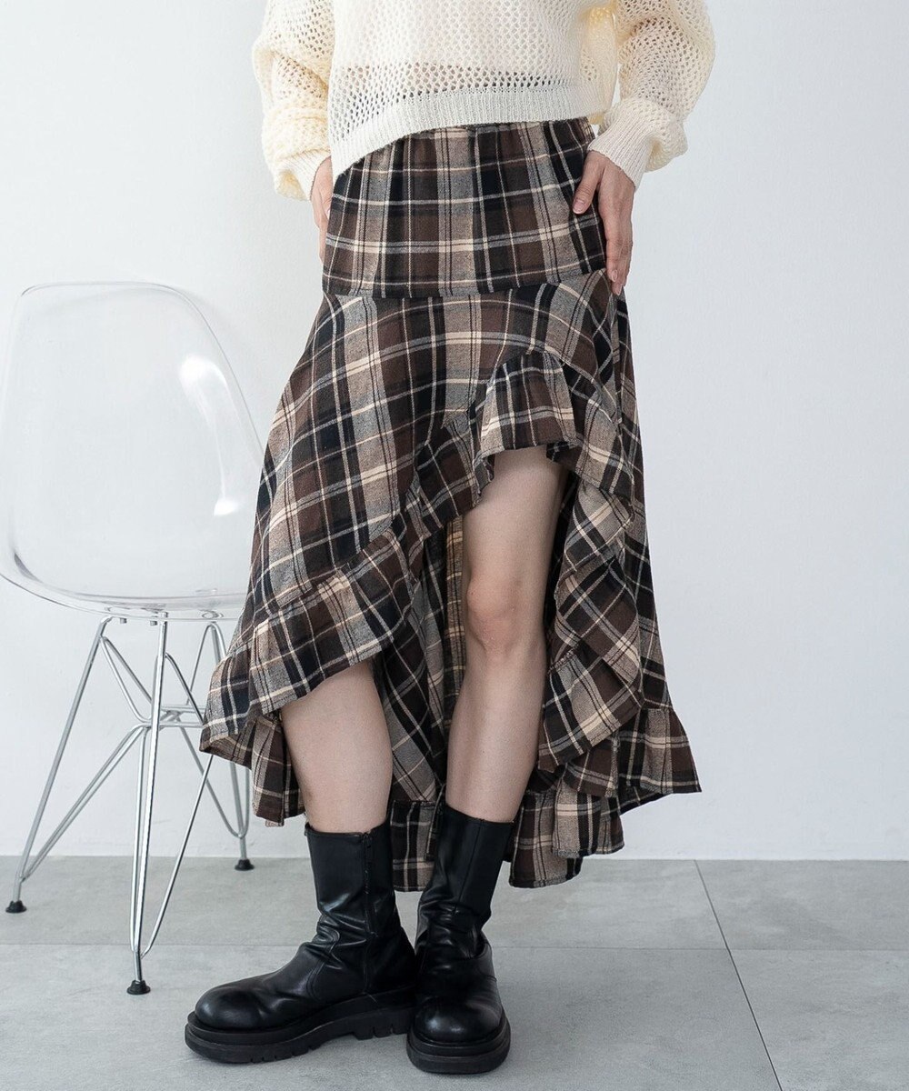 WEGO チェックアシンメトリーフリルロングスカート 