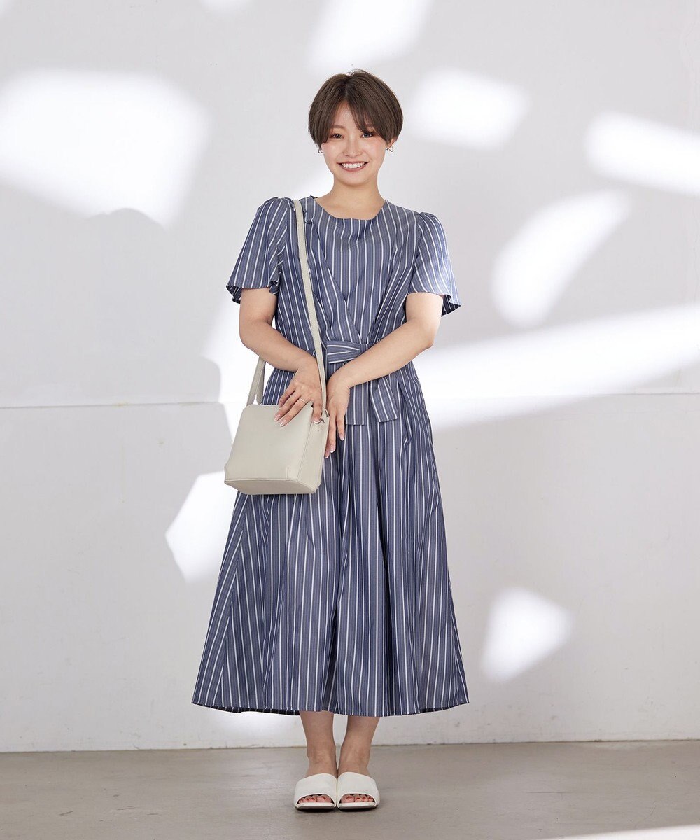 Tiaclasse L 【洗える】ストライプアシンメトリーリボンワンピース 