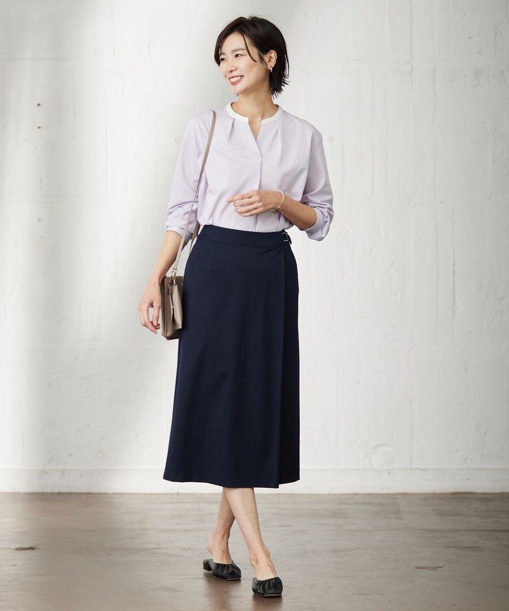 J.PRESS LADIES L ピンストライプジャージー バンドカラー スキッパー カットソー 