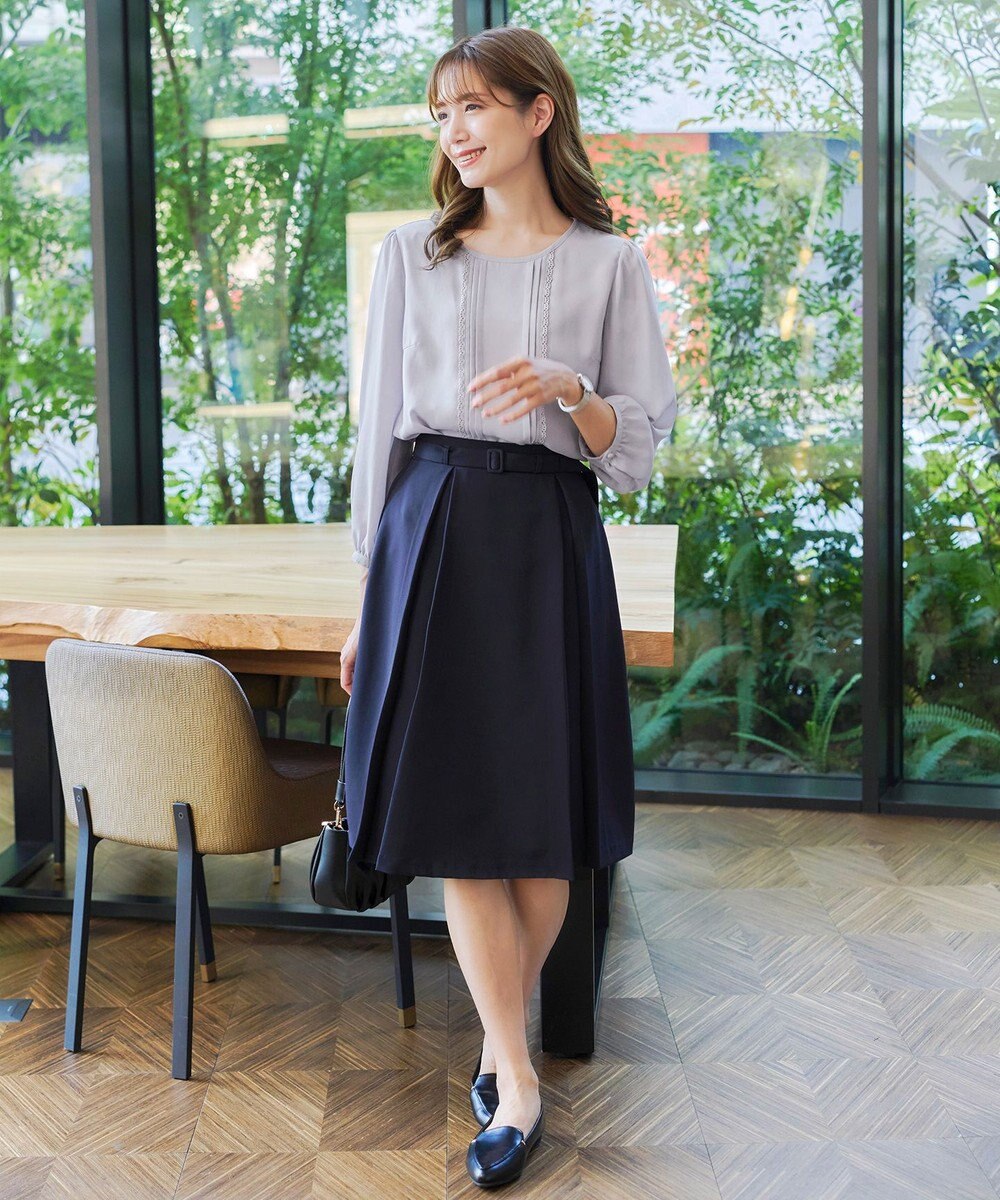 Tiaclasse 【ダブルストレッチ・洗える】ベルト付きタックスカート 